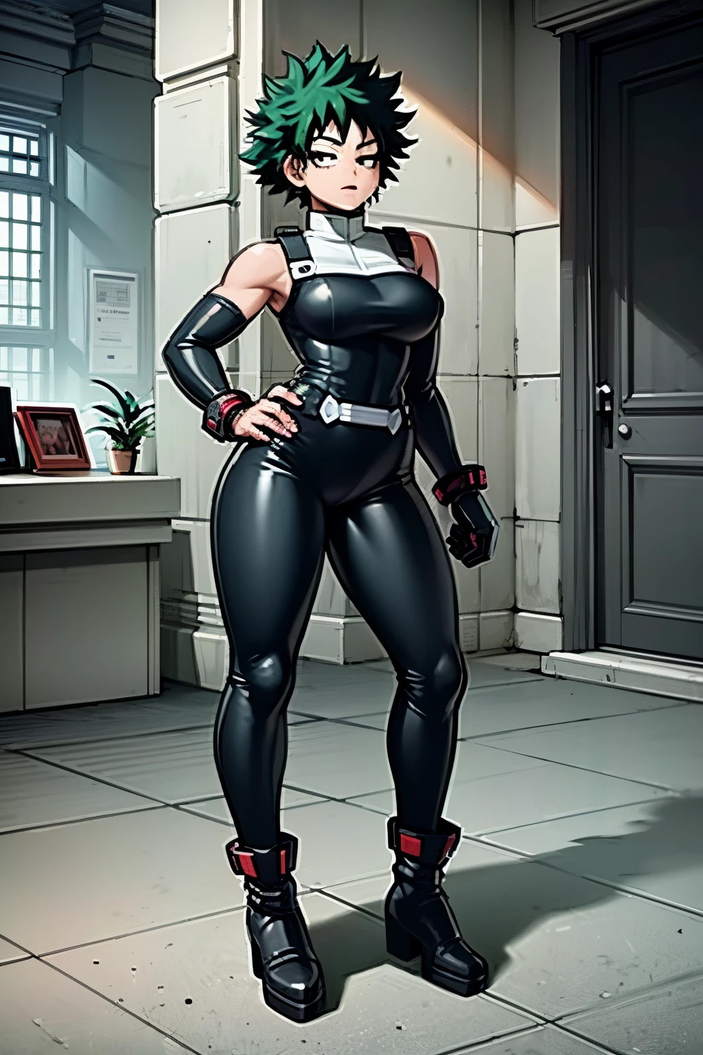 ((((My Hero Academia Style)))), (((Izuku Midoriya))), (((genderbender))), 1Girl, Goth Woman, pale skin, black lipstick, long straight black hair with bangs, choker with spikes, black clothes, black pants, big breasts, thin waist, wide hips, attractive face, big black platform combat boots, black t-shirt, spiked bracelet, ((full body photo:1.5)), beautiful female, nun, black tight latex catsuit with nun outfit, two leather belts on hip, latex body harness, beautiful make up, best quality, masterpiece,
