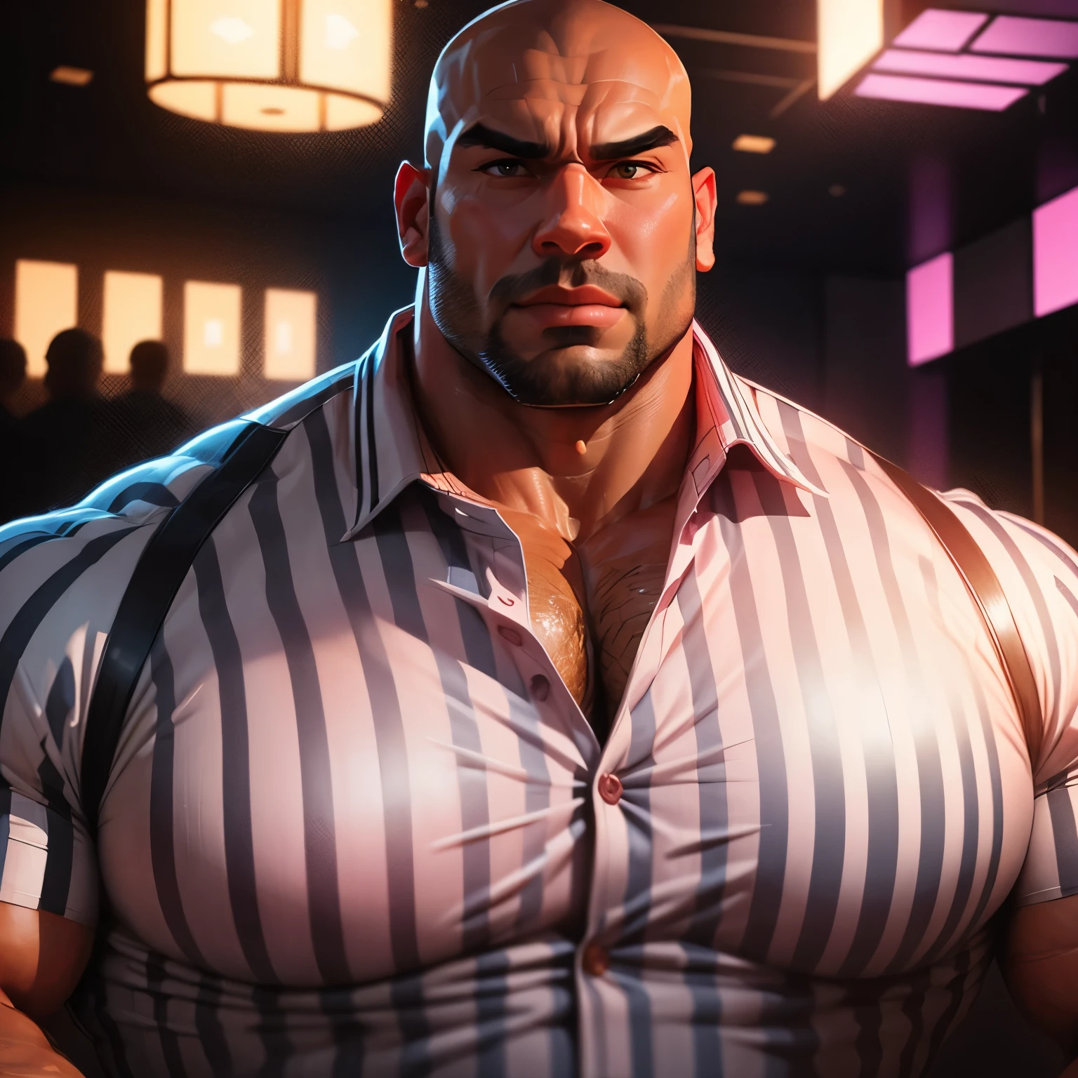 an exaggeratedly muscular and large bald bodyguard, beefy build, mixed race, (wearing a striped collared shirt: 1.2), (exposed pecs: 1.1), (bara pecs: 1.3), (hairy chest: 1.1), close-up portrait HD, night club with pink lights