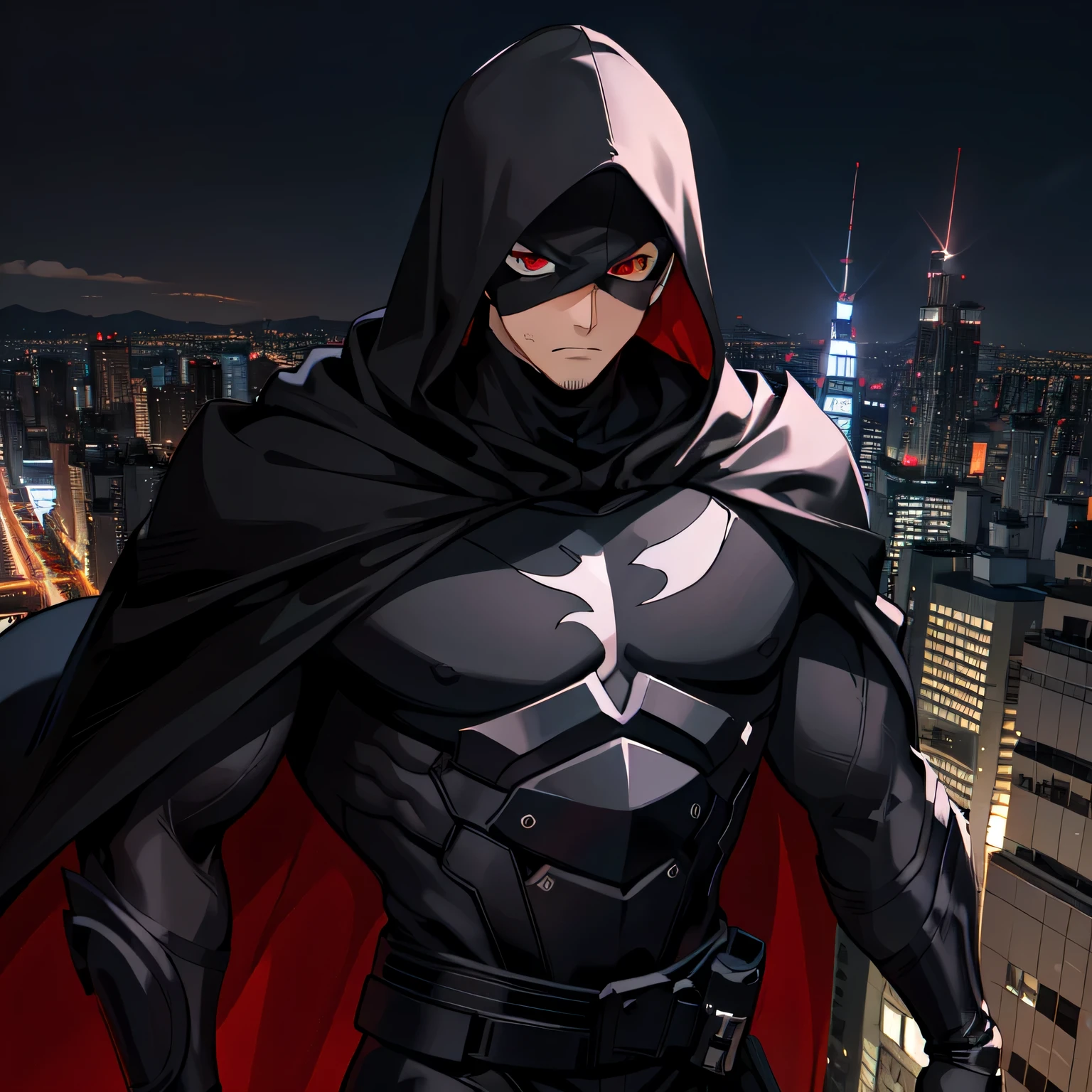 The highest quality, perfect masterpiece, perfect art, 8K, 1male, super hero, Japanese, long black cape, black hood, night, serious, cold, masked, red eyes, on top of a building, vigilante, trained physique, ninja style, black clothing all over the body, agile, silver armor on the chest and shoulder, Tokyo