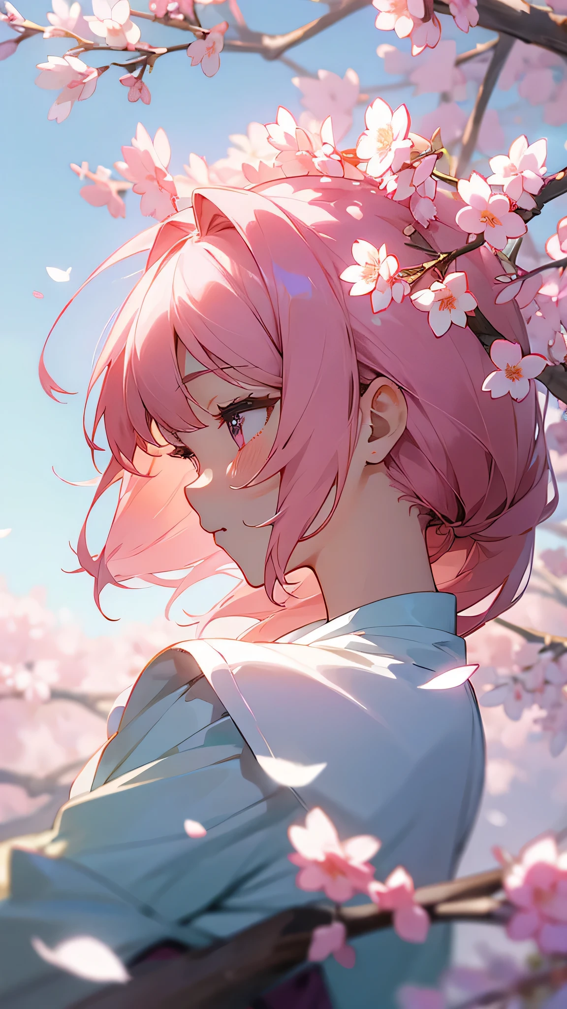 Create a spring-like wallpaper。beautiful girl anime。up。Soft light is shining in。cherry blossoms。profile。Delicate dresses。Pink flowers in the hair, anime style 4k, anime wallpaper 4k, anime wallpaper 4k, anime art wallpaper 4k, anime art wallpaper 4k, 4k anime wallpaper, anime art wallpaper 8k, beautiful anime portrait, cute anime girl portraits, extremely cute anime girl face, cute anime girl, cute anime girl portrait