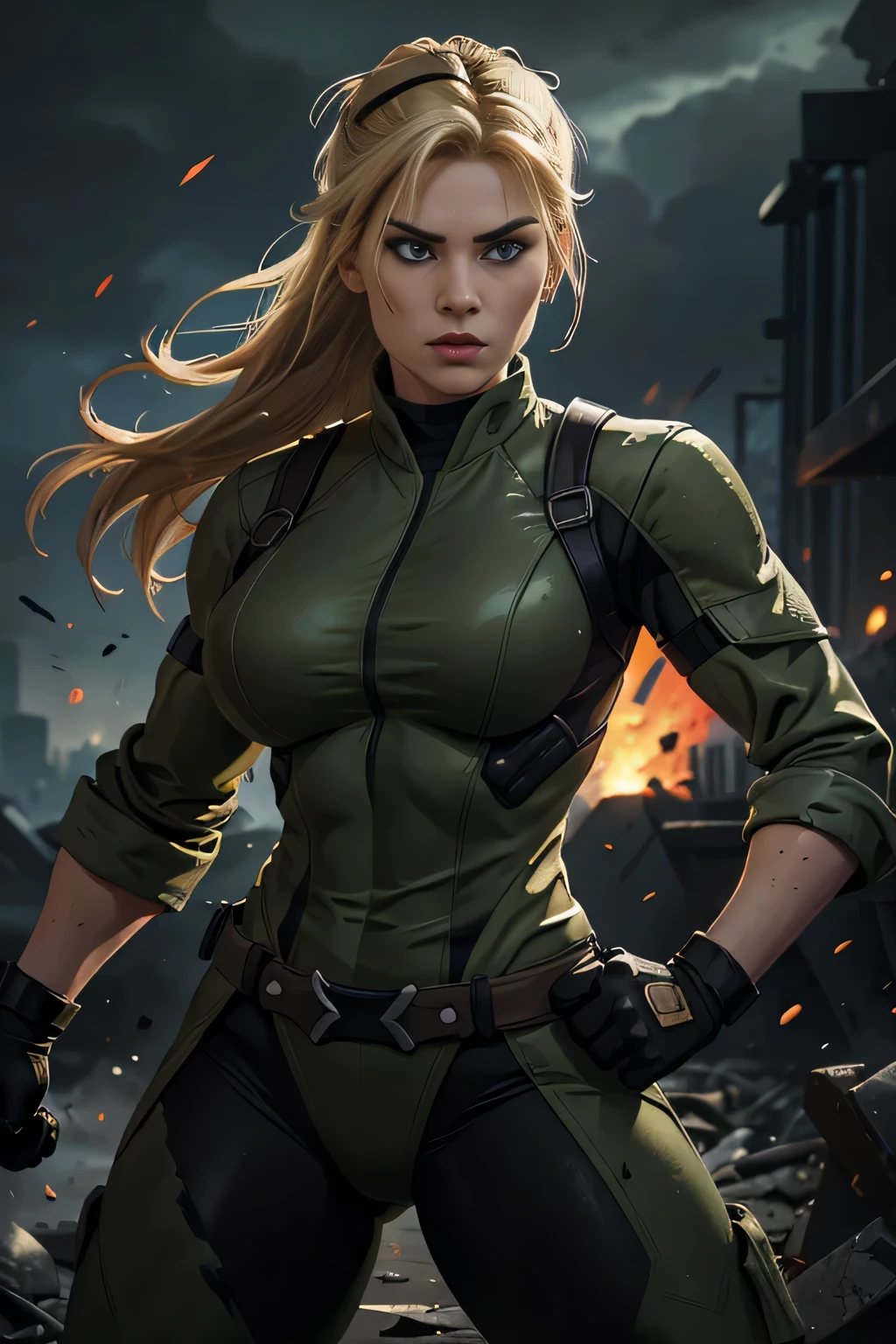 (best quality,highres), detailed portrait of Sonya Blade from Mortal Kombat, intense expression,strong and confident gaze, flowing blonde hair, military attire, green army jacket,black combat boots, gripping her signature energy rings, mid-action pose,dynamic composition, vibrant colors, realistic skin texture, gritty and dark atmosphere, dramatic lighting, background with destroyed urban landscape, sparks and debris in the air