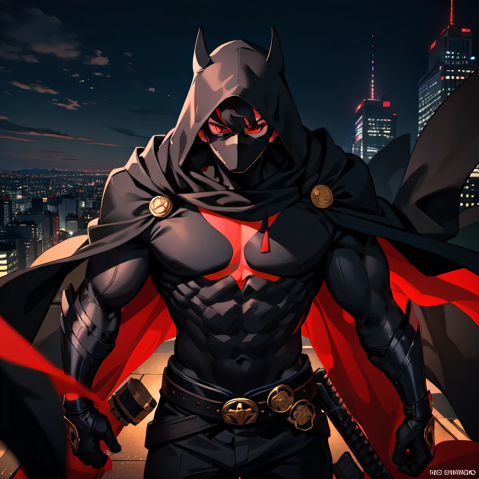 The highest quality, perfect masterpiece, perfect art, 8K, 1male, super hero, Japanese, long black cape, black hood, night, serious, cold, masked, red eyes, on top of a building, vigilante, trained physique, ninja style, black clothing all over the body, agile, silver armor on the chest and shoulder, Tokyo