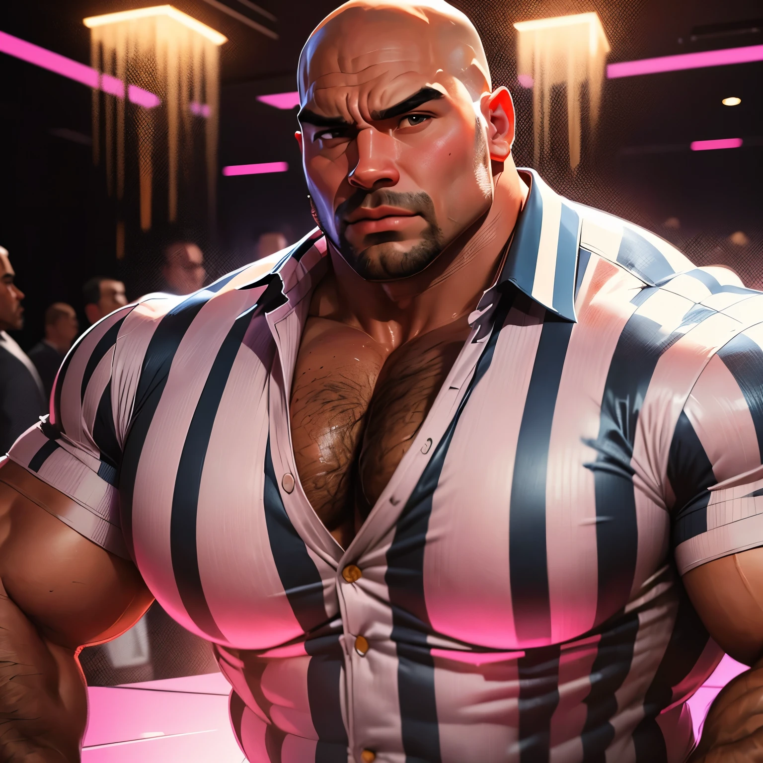 an exaggeratedly muscular and large bald bodyguard, beefy build, mixed race, (wearing a striped collared shirt: 1.2), (exposed pecs: 1.1), (bara pecs: 1.3), (hairy chest: 1.1), close-up portrait HD, night club with pink lights
