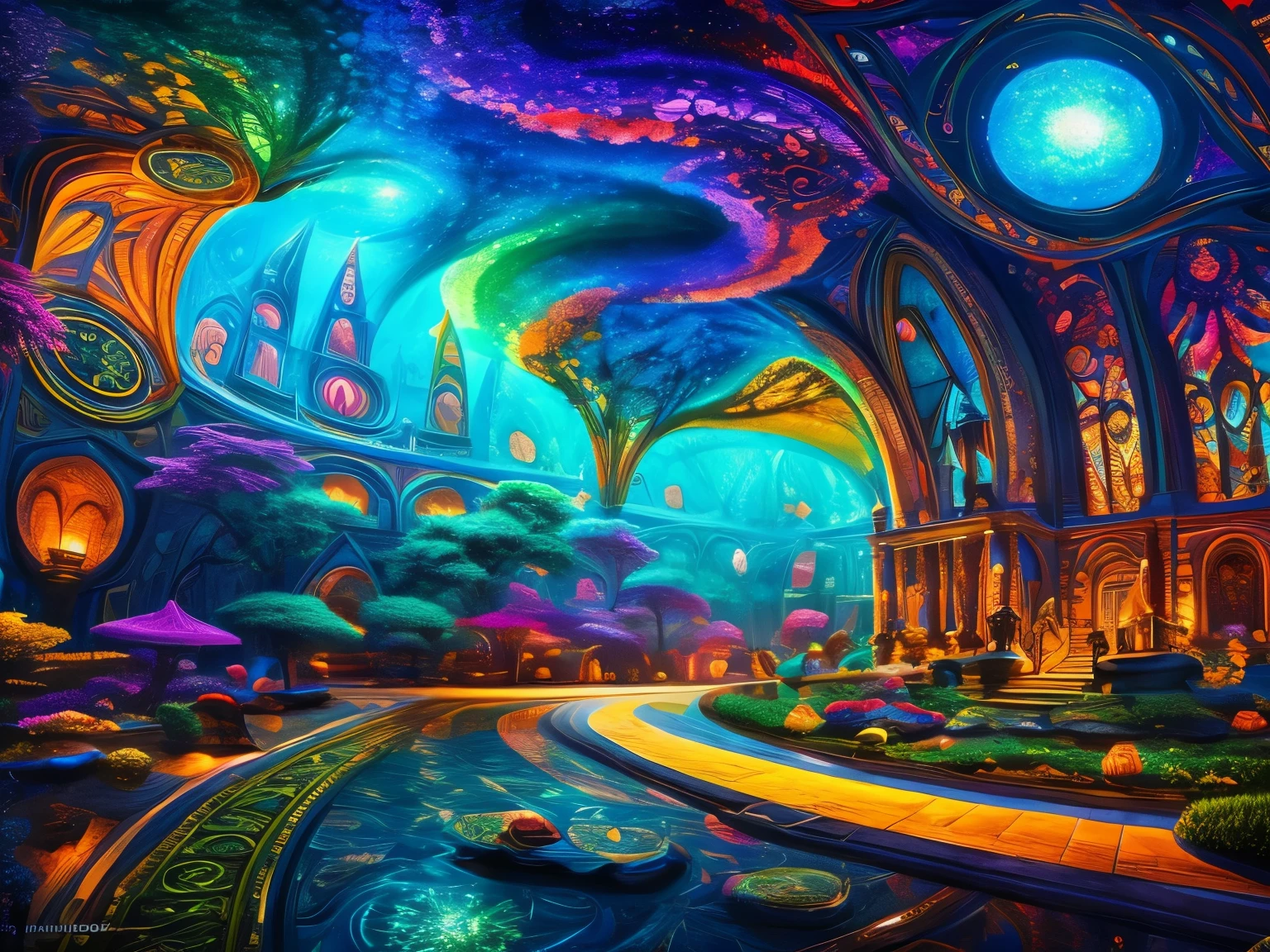 psychedelic art, magic academy, top quality, masterpiece, 8K, ultra high definition, Award-winning