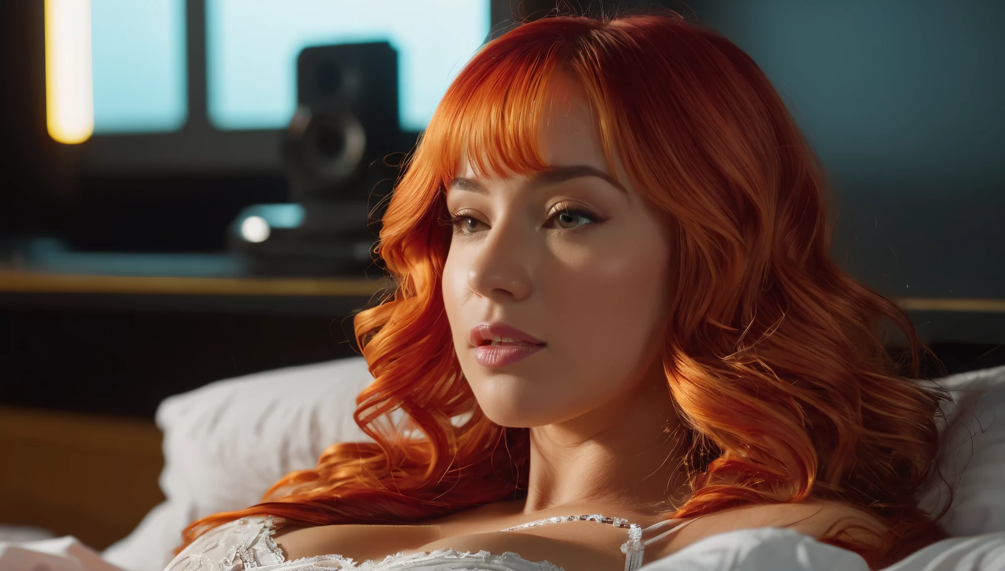 A closeup portrait of a woman with {bright virant anime red hair} and {blonde money pieces in the front}, balayage, ({{blonde strands of hair on both sides extending down to the ends}}), highlights, {vibrant distinguishable hair}, {hair dye}, high detail image, sharp image, intricate detail, high quality, realistic, by Weta Digital, by Wéta FX, by WLOP, Cinematic, Color Grading, Editorial Photography, Photography, Photoshoot, Ultra-Wide Angle, Depth of Field, DOF, Tilt Blur, Shutter Speed 1/1000, F/22, Gamma, White Balance, Neon, Light, Dark, Light Mode, Dark Mode, High Contrast, 5D, Multiverse, 32k, Super-Resolution, Megapixel, ProPhoto RGB, VR, Good, Massive, Big, Spotlight, Frontlight, Halfrear Lighting, Backlight, Rim Lights, Rim Lighting, Artificial Lighting, Natural Lighting, Incandescent, Optical Fiber, Moody Lighting, Cinematic Lighting, Studio Lighting, Soft Lighting, Hard Lighting, volumetric Light, Volumetric Lighting, Volumetric, Contre-Jour, Rembrandt Lighting, Split Lighting, Beautiful Lighting, Accent Lighting, Global Illumination, Lumen Global Illumination, Screen Space Global Illumination, Optics, Materiality, Ambient Occlusion, Scattering, Glowing, Shadows, Rough, Shimmering, Reflections, Lumen Reflections, Screen Space Reflections, Diffraction Grading, Chromatic Aberration, GB Displacement, Scan Lines, Ray Traced, Ray Tracing Ambient Occlusion, Anti-Aliasing, FKAA, TXAA, RTX, SSAO, Shaders, OpenGL-Shaders, GLSL-Shaders, Post Processing, Post-Production, Cel Shading, Tone Mapping, VFX, SFX, insanely detailed and intricate, hypermaximalist, elegant, hyper realistic, super detailed, photography, 8k, RAW photo, (high detailed skin:1.2), 8k uhd, dslr, soft lighting, high quality, film grain, Fujifilm XT3, photorealistic image, large tits, see-thru negligee, laying on bed, (full body:1.5)