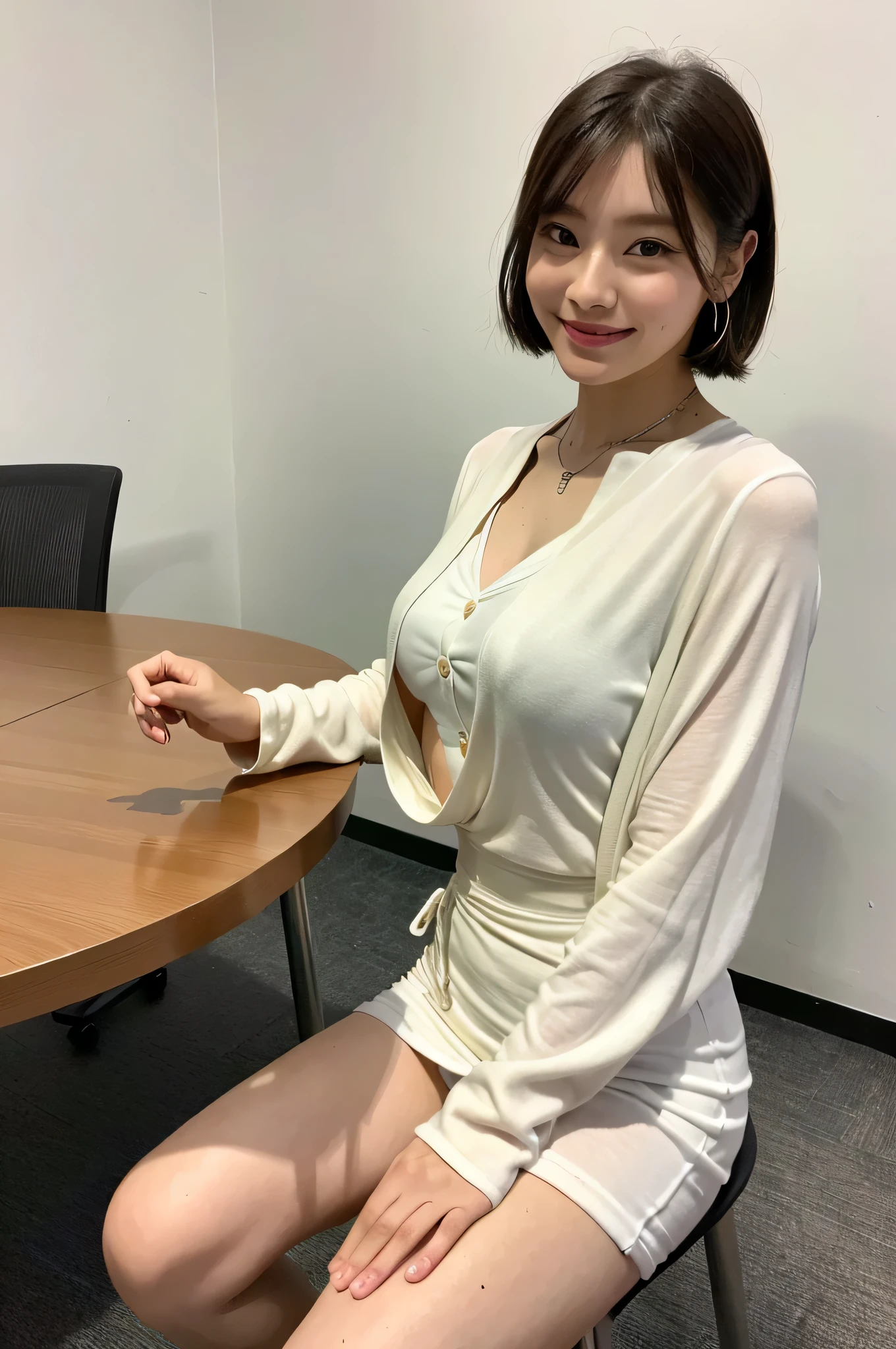 ((8K:1.27)、highest quality、masterpiece、超A high resolution:1.2)photo beautiful japanese women (fun:1.1) (white clothes:1.21) Designed by Greg Rutkowski and Alphonse Mucha Complex elegance、fantasy、detailed、geometry、gradient lighting、1 girl、26 years old、delicate skin、looking at the audience、brown eyes、(flaxen short hair:1.2)、(very big breasts:1.0)、(medium areola:0.8)、(Photoreal:1.4)、(highest quality:1.0)、(超A high resolution:1.0)、(Without the use of hands:1.0)、8K、RAW photo、 (representative song: 0.2), (Pueros face_V1:0.5)、white shirt、stop all buttons、up to the chest、office、conference room、In a meeting、tight clothes、listen to the story、No sleeve、one piece、No sleeve、See-through、smile、shortcut、flowing bangs、necklace、laptop、Meeting Table、sit on a chair、thick body、28 years old、erotic atmosphere、