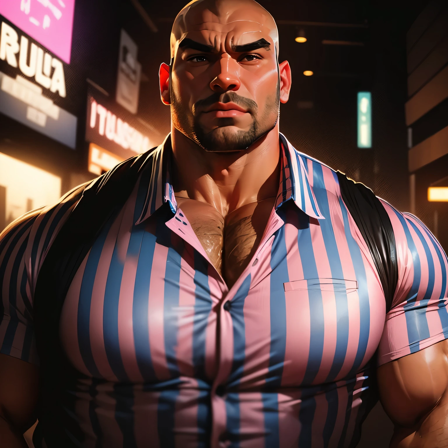 an exaggeratedly muscular and large bald bodyguard, beefy build, mixed race, (wearing a striped collared shirt: 1.2), (exposed pecs: 1.1), (bara pecs: 1.3), (hairy chest: 1.1), close-up portrait HD, night club with pink lights