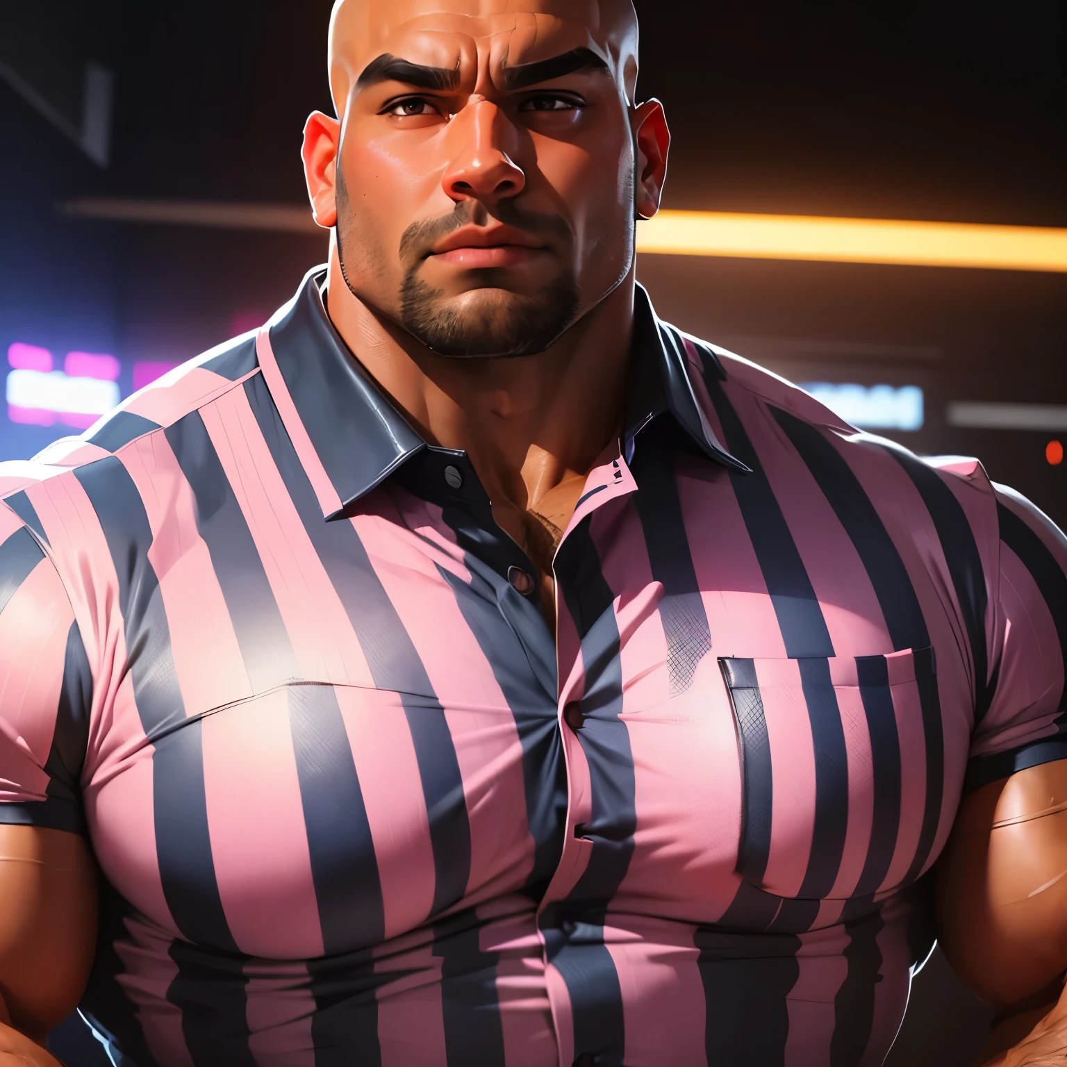 an exaggeratedly muscular and large bald bodyguard, beefy build, mixed race, (wearing a striped collared shirt: 1.2), (exposed pecs: 1.1), (bara pecs: 1.3), (hairy chest: 1.1), close-up portrait HD, night club with pink lights