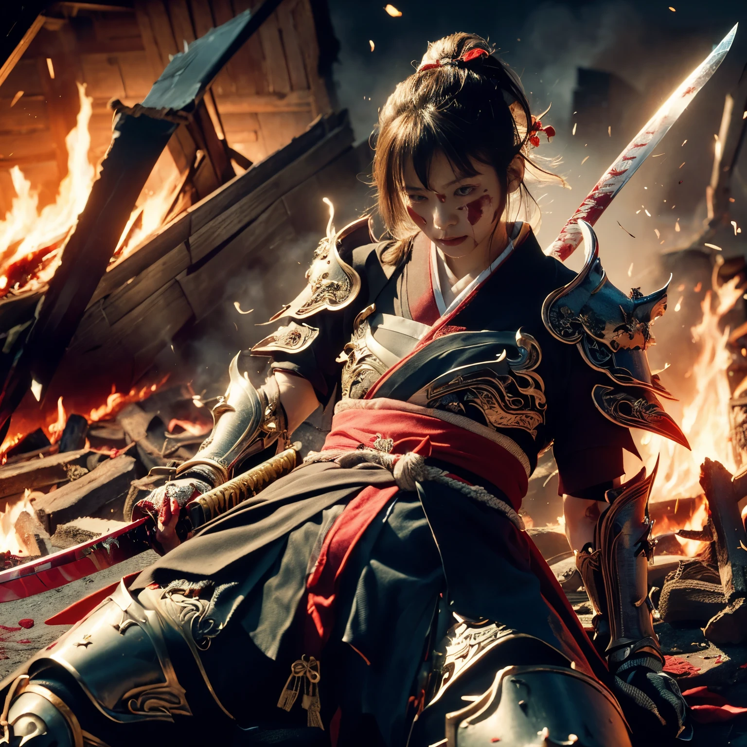 (((Realistic, masterpiece, best quality, crisp detail, high definition, high detail, rich detail, sharp focus, colorful, perfect studio lightning))), 20 years old warrior,((( in the middle of a war, kasumi arimura, severely wounded, slashed, stabbed by swords, pierced by sword))), wearing (((beautiful decorated golden armor, julia fractal decorated armor, armored beautiful kimono, katana on back, blood scattered face, blood tears, blood bath, blood shed))), (((fire everywhere, blood everywhere, death everywhere, japan bakumatsu period, dead bodies,carcass,burned japanese castle,hellish,chaos)) traditional village background)