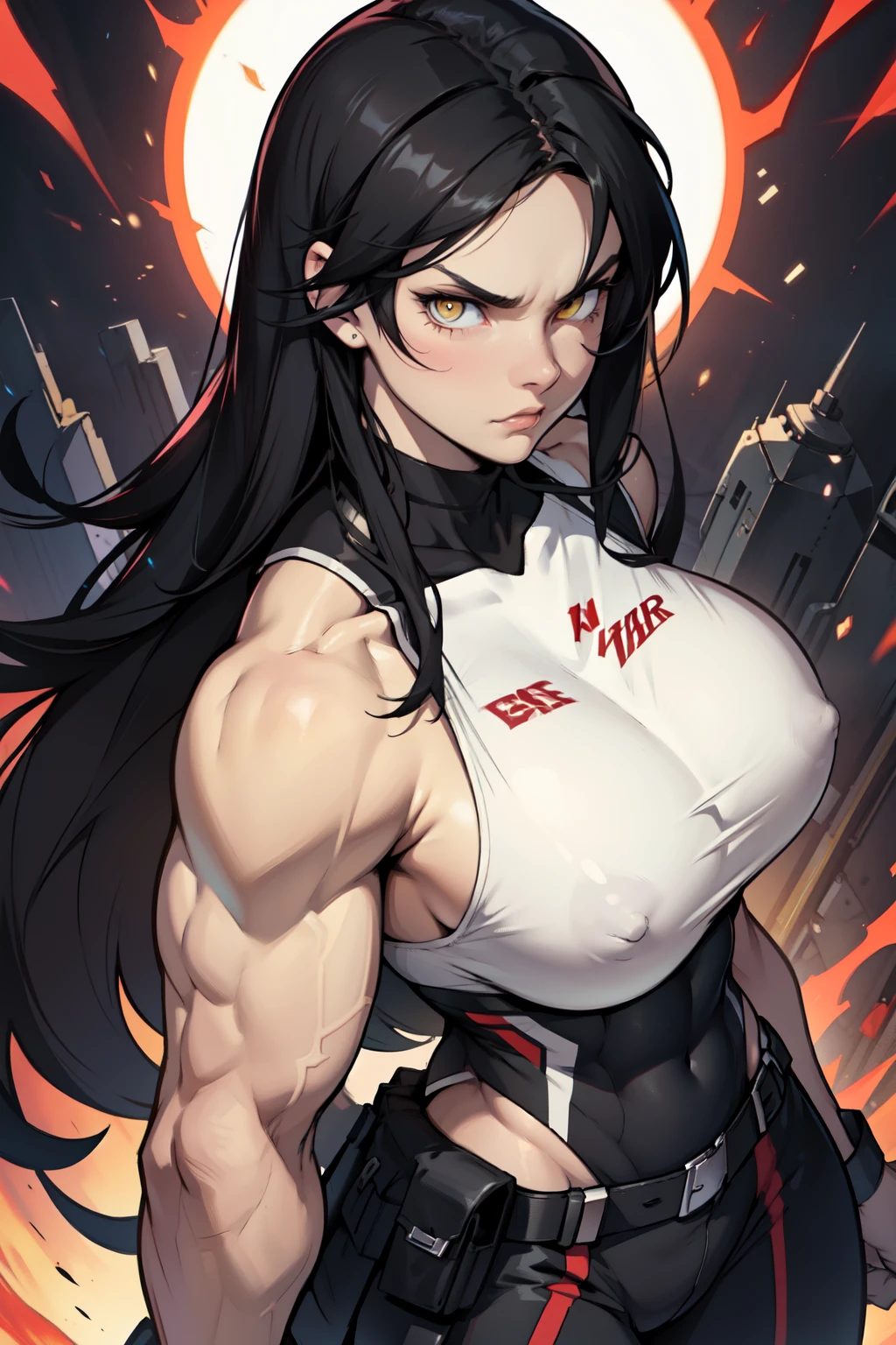 1 girl huge breasts black hair yellow eyes pale skin very long hair angry (((muscular)))