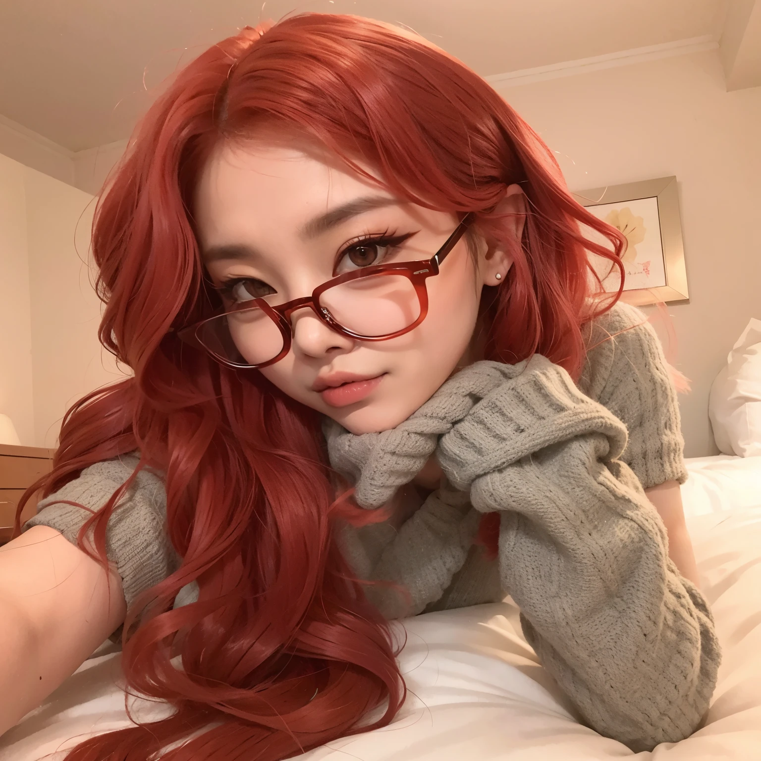 arafed woman with red hair and glasses lying on a bed, with glasses, ela tem cabelo longo redoranjado, Ulzzang,  coreana, with glasses quadrados, com cabelo ruivo cacheado, with glasses on, tzuyu de duas vezes, thick lens glasses, Jinyoung Shin, Heonhwa Choe, wearing big thin round glasses, with glasses pretos