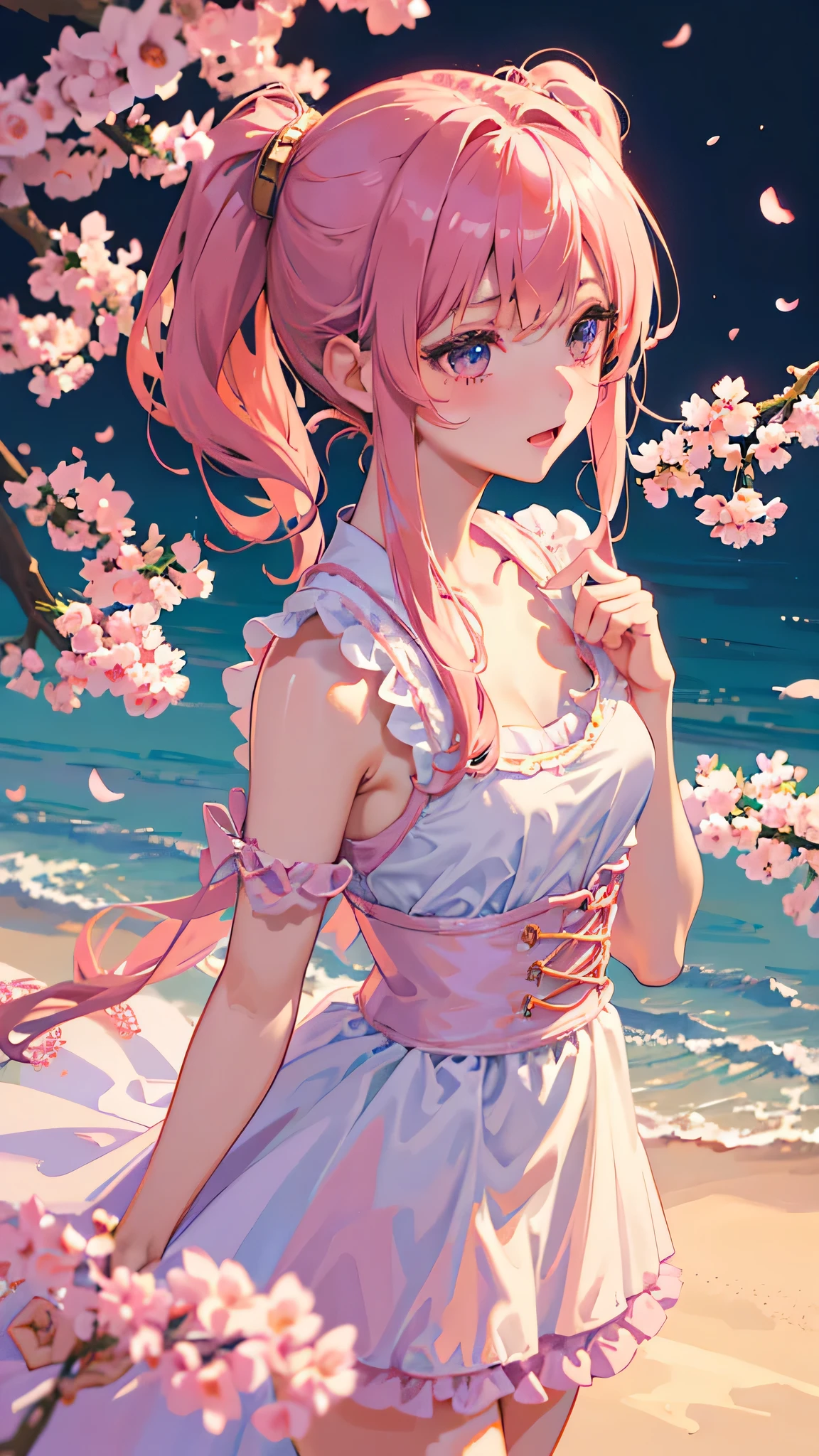 Create a spring-like wallpaper。beautiful girl anime。up。Soft light is shining in。cherry blossoms。profile。Delicate dresses。Pink flowers in the hair, anime style 4k, anime wallpaper 4k, anime wallpaper 4k, anime art wallpaper 4k, anime art wallpaper 4k, 4k anime wallpaper, anime art wallpaper 8k, beautiful anime portrait, cute anime girl portraits, extremely cute anime girl face, cute anime girl, cute anime girl portrait