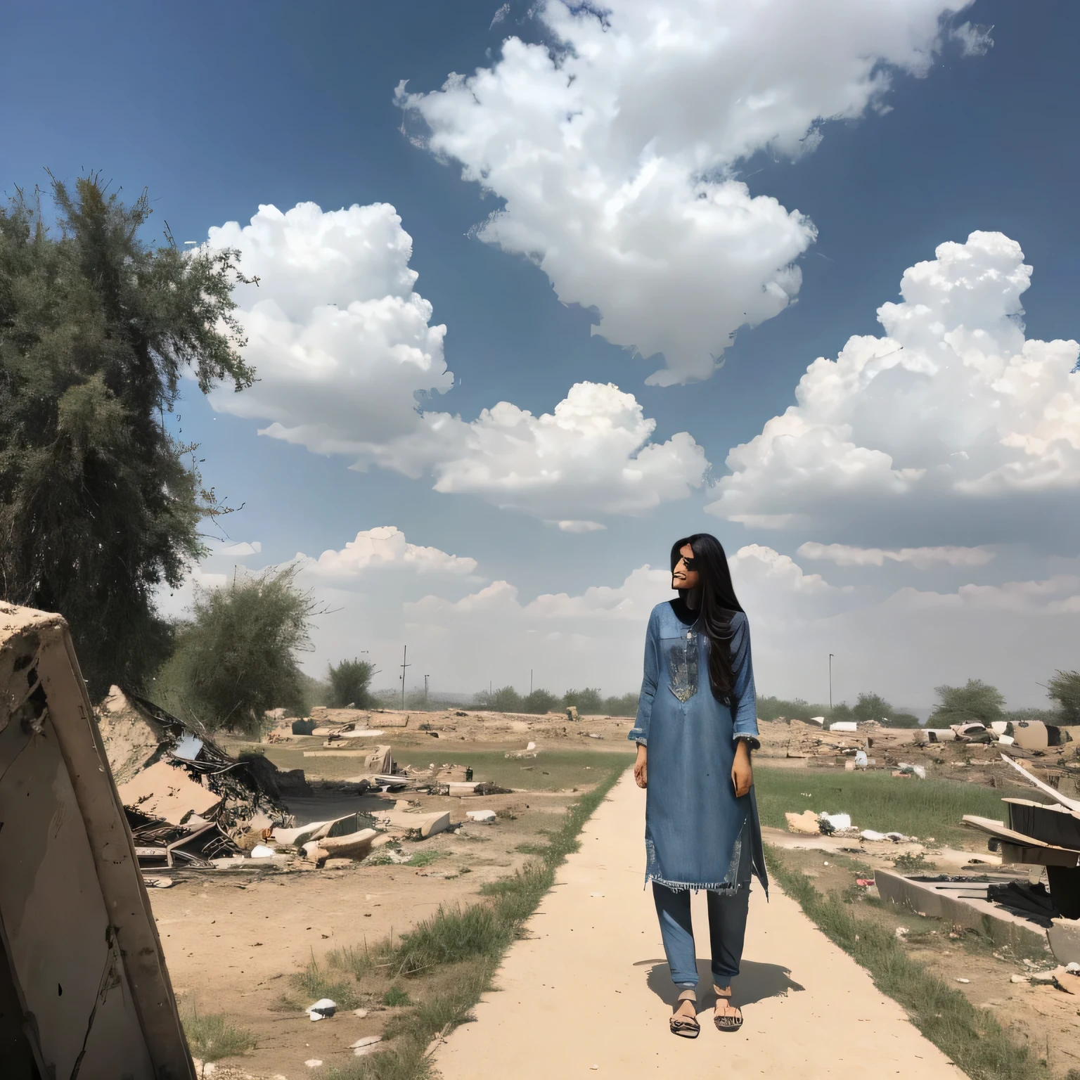 Pakistani Woman, look at viewer, long hair, shirt, jeans, cloud, day, sky,outdoors, post-apocalypse, ruins, scenery, tree, water,