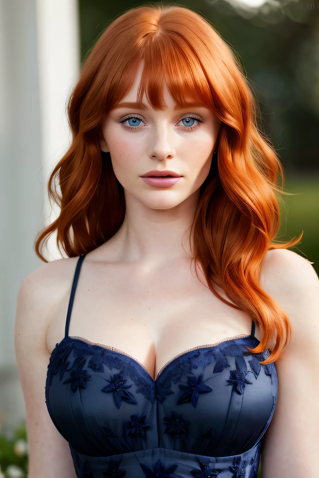 beautiful 18yo american supermodel, bryce dallas howard, flowered dress, looking at viewer, slender figure, redhead shot chanel hair, dark blue eyes, detailed face, realistic eyes, detailed eyes, facing straight at camera, fujifilm xt3