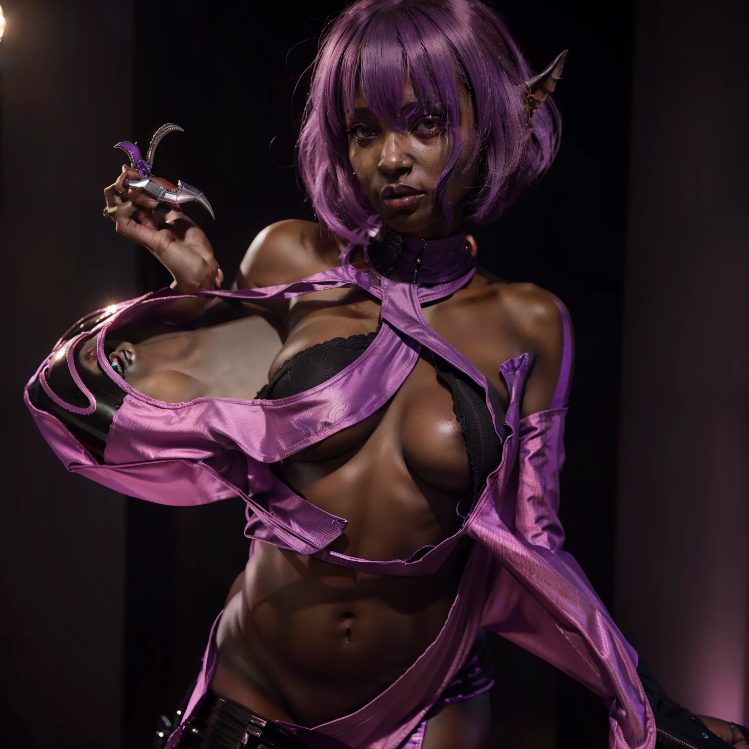 there is a woman with purple hair and a purple top, epic 3 d oshun, succubus in sundress portrait, succubus in tight short dress, african female android, dark elf, inspired by Shukei Sesson, dark elf princess, biomechanical oppai, 2 b, 2b, epic 3 d yemaya