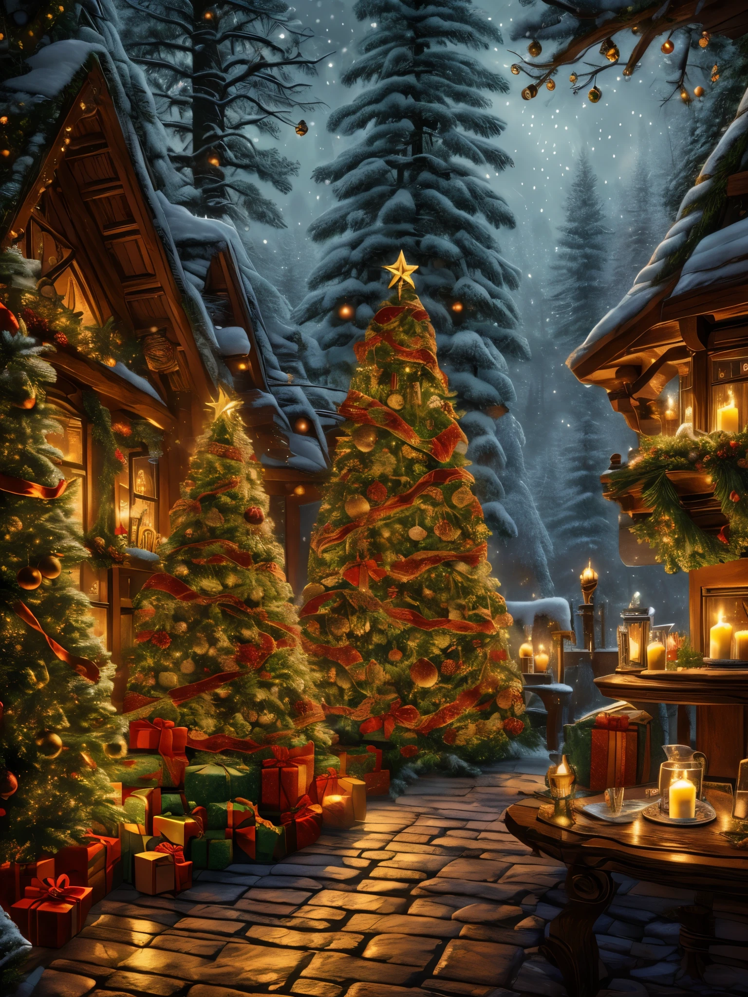 there is a table with a christmas tree and candles in it, cosy enchanted scene, christmas night, festive atmosphere, cozy wallpaper, thomas kinkade. cute cozy room, 4k highly detailed digital art, candlelit, amazing wallpaper, kramskoi 4 k, cozy candlelight, ( thomas kincade ), cozy, thomas kinkade. forest room