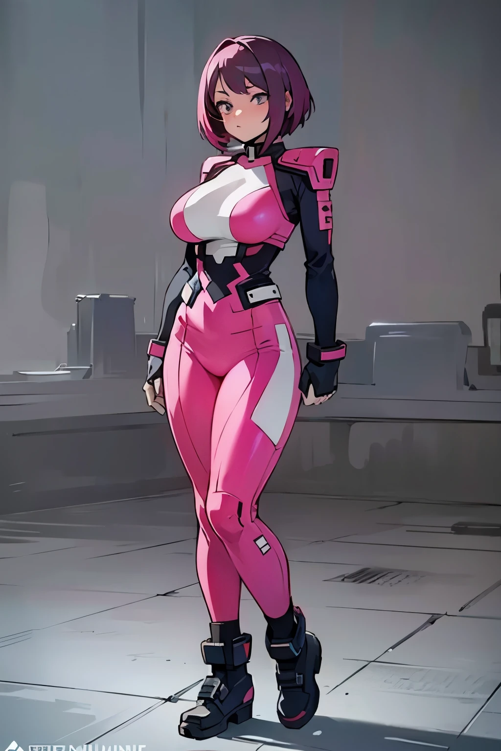 My Hero Academia style, anime Girl, female, trending on artstation pixiv, (full body shot:1.5), wide hips, wide thighs, large breast, hot pink hair, short hair, hero costume, full body suit, dark blue suit, Perfect anatomy, Super Detailed,