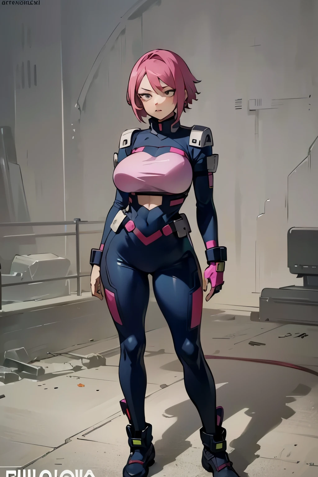 My Hero Academia style, anime Girl, female, trending on artstation pixiv, (full body shot:1.5), wide hips, wide thighs, large breast, hot pink hair, short hair, hero costume, full body suit, dark blue suit, Perfect anatomy, Super Detailed,