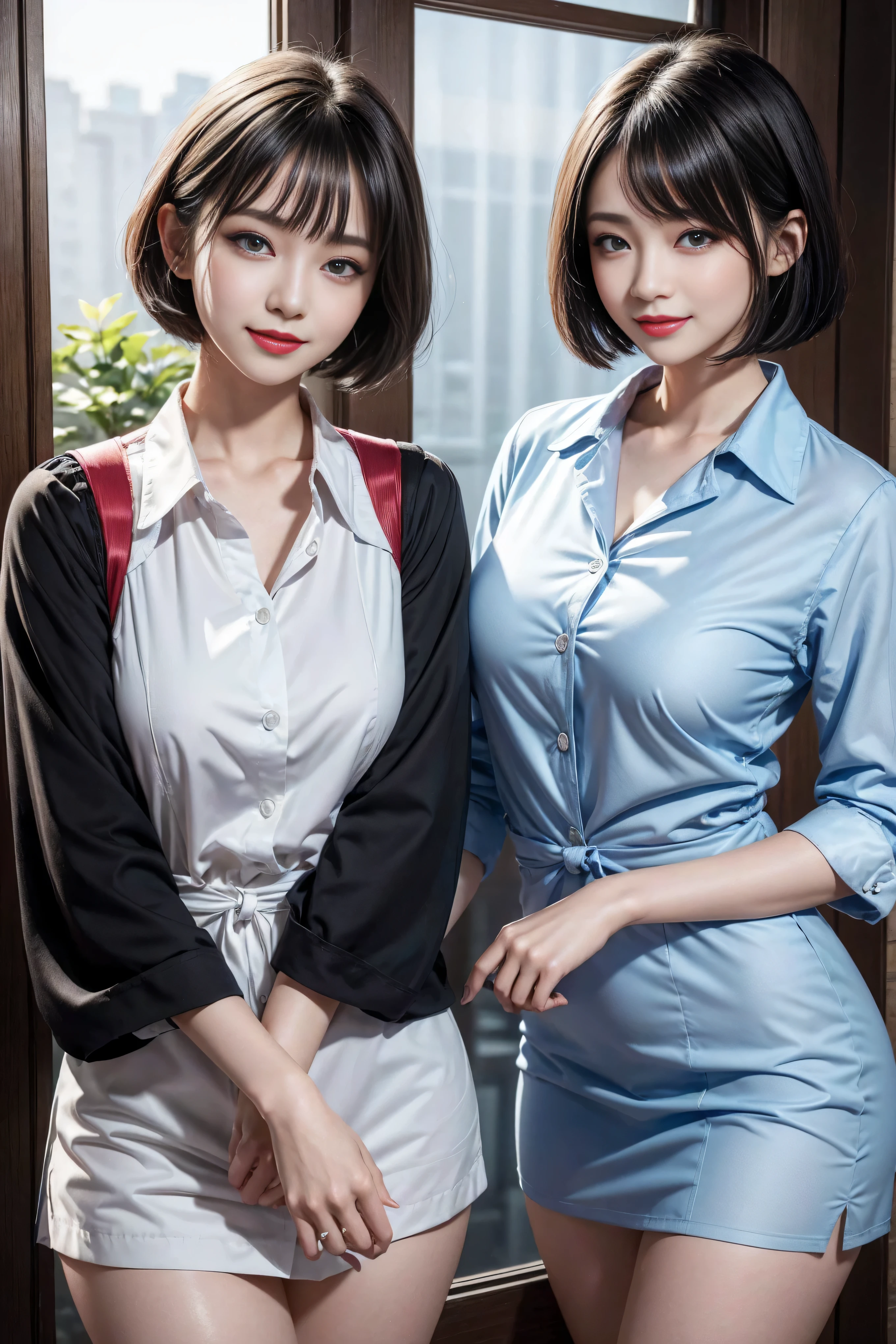 (3 Ultimate Beauty Nurse)、{{{masterpiece}}}， {Oh oh oh, Oh, really：1.2}， best quality， official art， Highly detailed CG Unity 8k wallpaper， The facial details are very rich、delicate lips、delicate eyes、double eyelids、((black bob hair))、(Nurse:1.3)、(charming figure)、(huge)、（（Open your mouth and smile： 1.8， cute smile： 1.8））， solo， Short hair details， vibrant smile， blue eyes，with eyes_Tokar， {Beautiful detailed gradient eyes}， red lips，thigh, thigh, thigh, perfect fit, Perfect Image Realism, background with: (hospital ward:1.2), cow boy shooting, Detailed background, detailed clothing, Wear a nurse hat，Wear Nurse Clothes，perfect lighting、Surreal、(Realism:1.4)、8K maximum resolution, (masterpiece), The content is very detailed, professional，