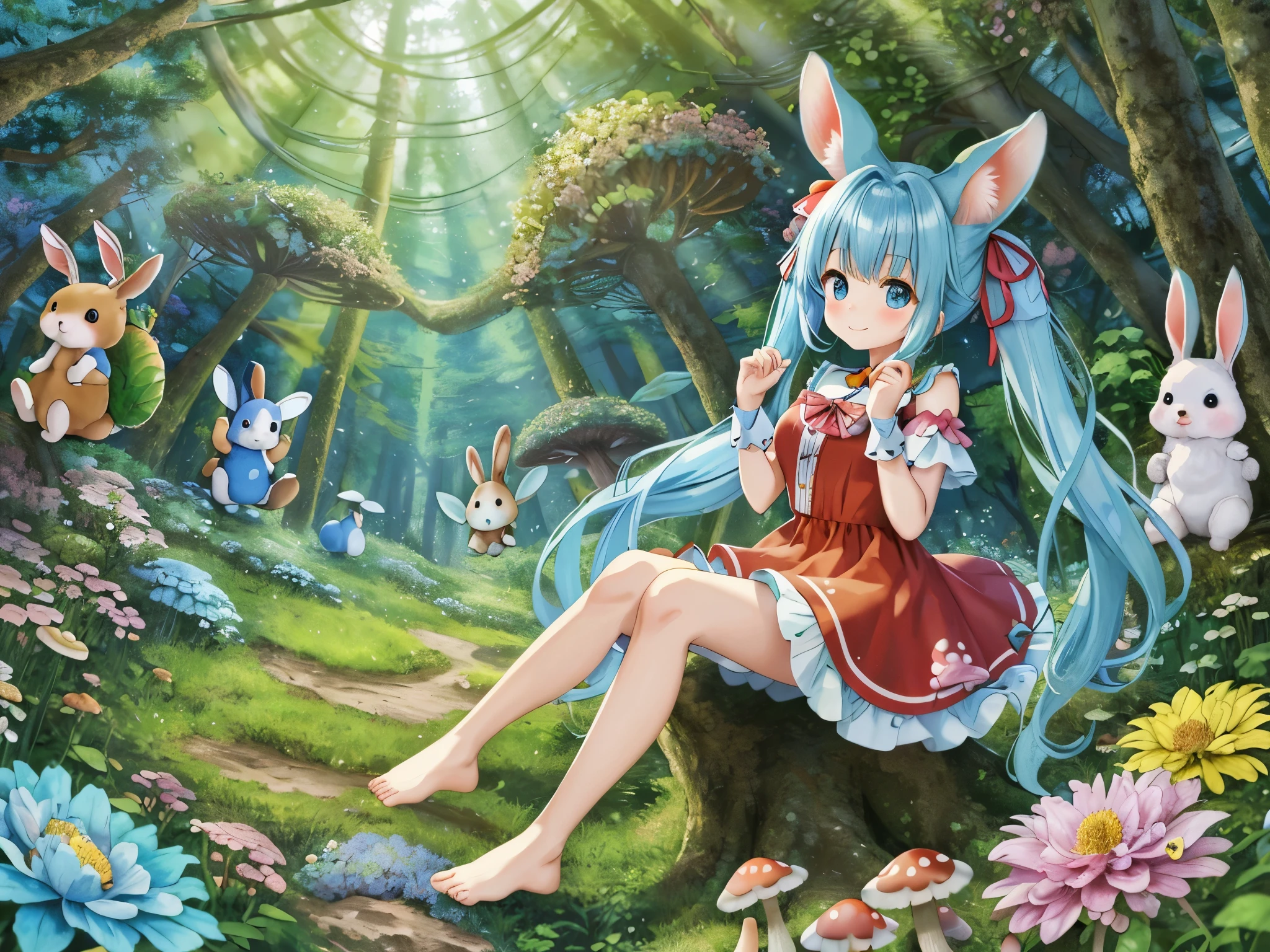 【best image quality】A fairyland full of flowers light blue long hair、Cute girl with twin tails Rabbitの耳 Dynamic mode In a forest full of flowers squirrel Rabbit I'm with the bear cub cute red and white dress adorable smile in the forest forest creatures Rabbitちゃん Subbear squirrel There are friends in the forest。 There are also mushrooms。Eared rabbit barefoot cute costumes
