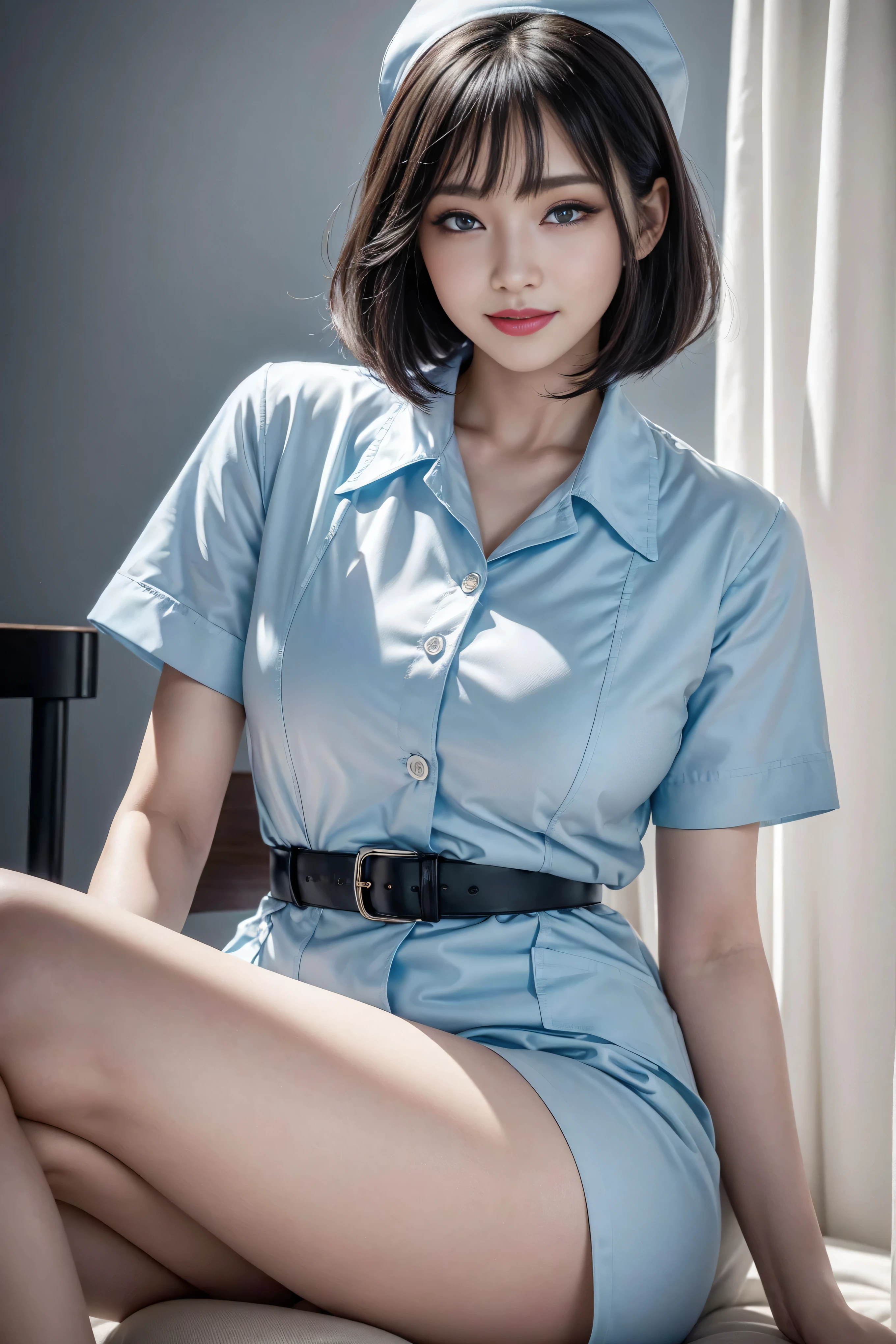 (3 Ultimate Beauty Nurse)、{{{masterpiece}}}， {Oh oh oh, Oh, really：1.2}， best quality， official art， Highly detailed CG Unity 8k wallpaper， The facial details are very rich、delicate lips、delicate eyes、double eyelids、((black bob hair))、(Nurse:1.3)、(charming figure)、(huge)、（（Open your mouth and smile： 1.8， cute smile： 1.8））， solo， Short hair details， vibrant smile， blue eyes，with eyes_Tokar， {Beautiful detailed gradient eyes}， red lips，thigh, thigh, thigh, perfect fit, Perfect Image Realism, background with: (hospital ward:1.2), cow boy shooting, Detailed background, detailed clothing, Wear a nurse hat，Wear Nurse Clothes，perfect lighting、Surreal、(Realism:1.4)、8K maximum resolution, (masterpiece), The content is very detailed, professional，