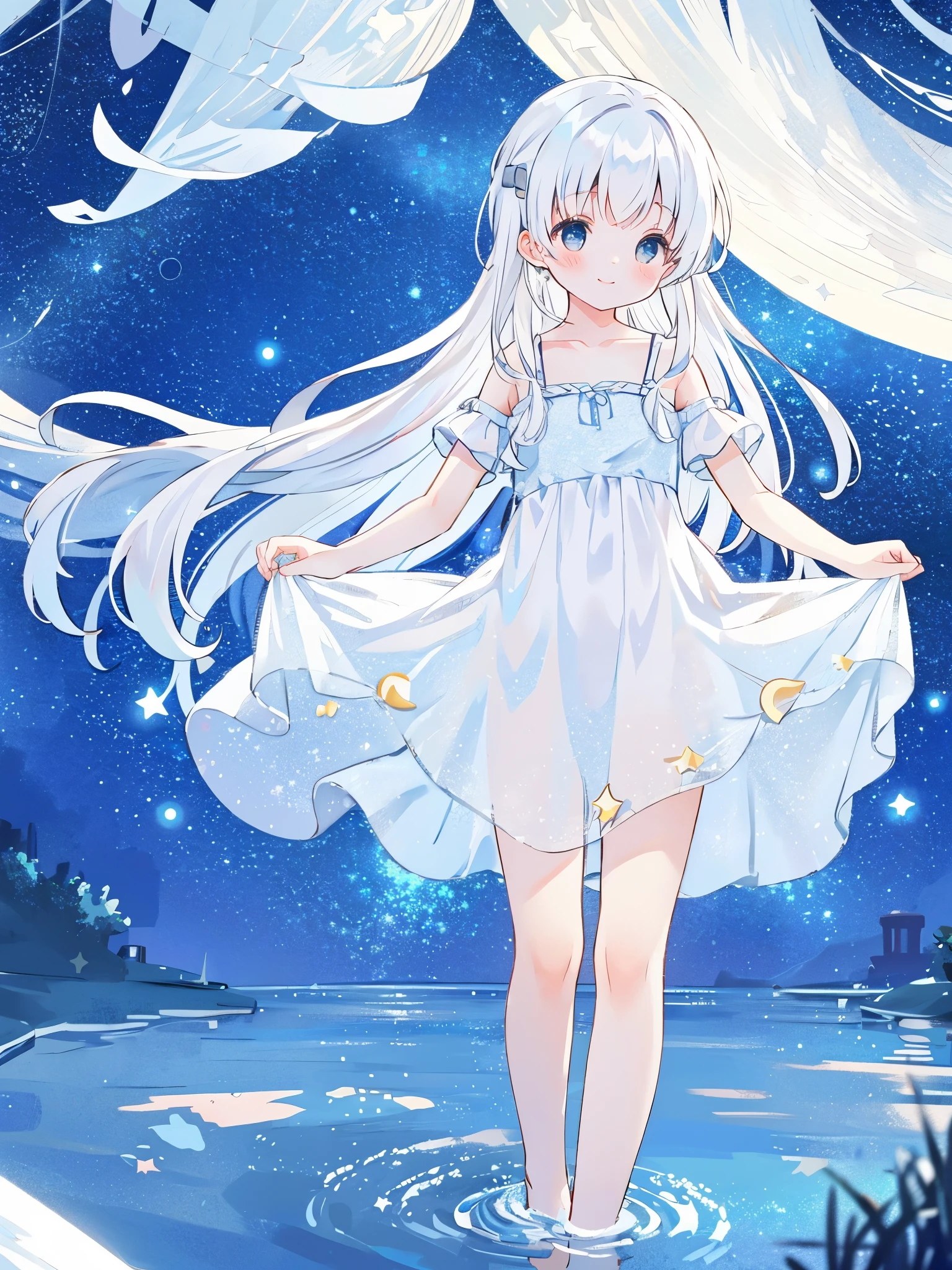 an ocean of stars, night sky, colorful, ethereal, charming girl in a white sheer babydoll dress, white hair, walking on the water, Her smile was filled with tenderness and joy, giant crescent white moon dipping into the water in the background, (((((((stars))))))