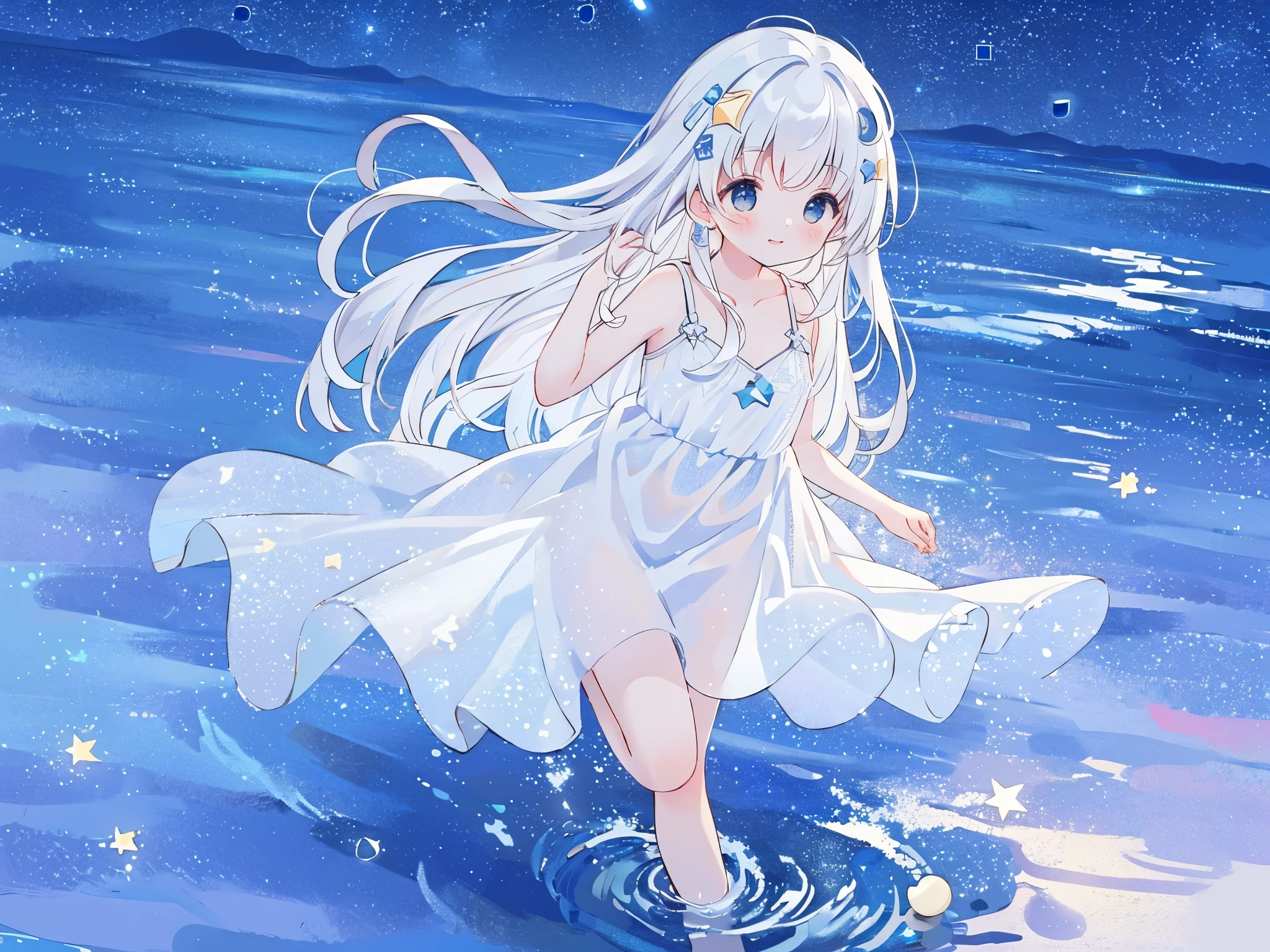 an ocean of stars, night sky, colorful, ethereal, charming girl in a white sheer babydoll dress, white hair, walking on the water, Her smile was filled with tenderness and joy, giant crescent white moon dipping into the water in the background, (((((((stars))))))