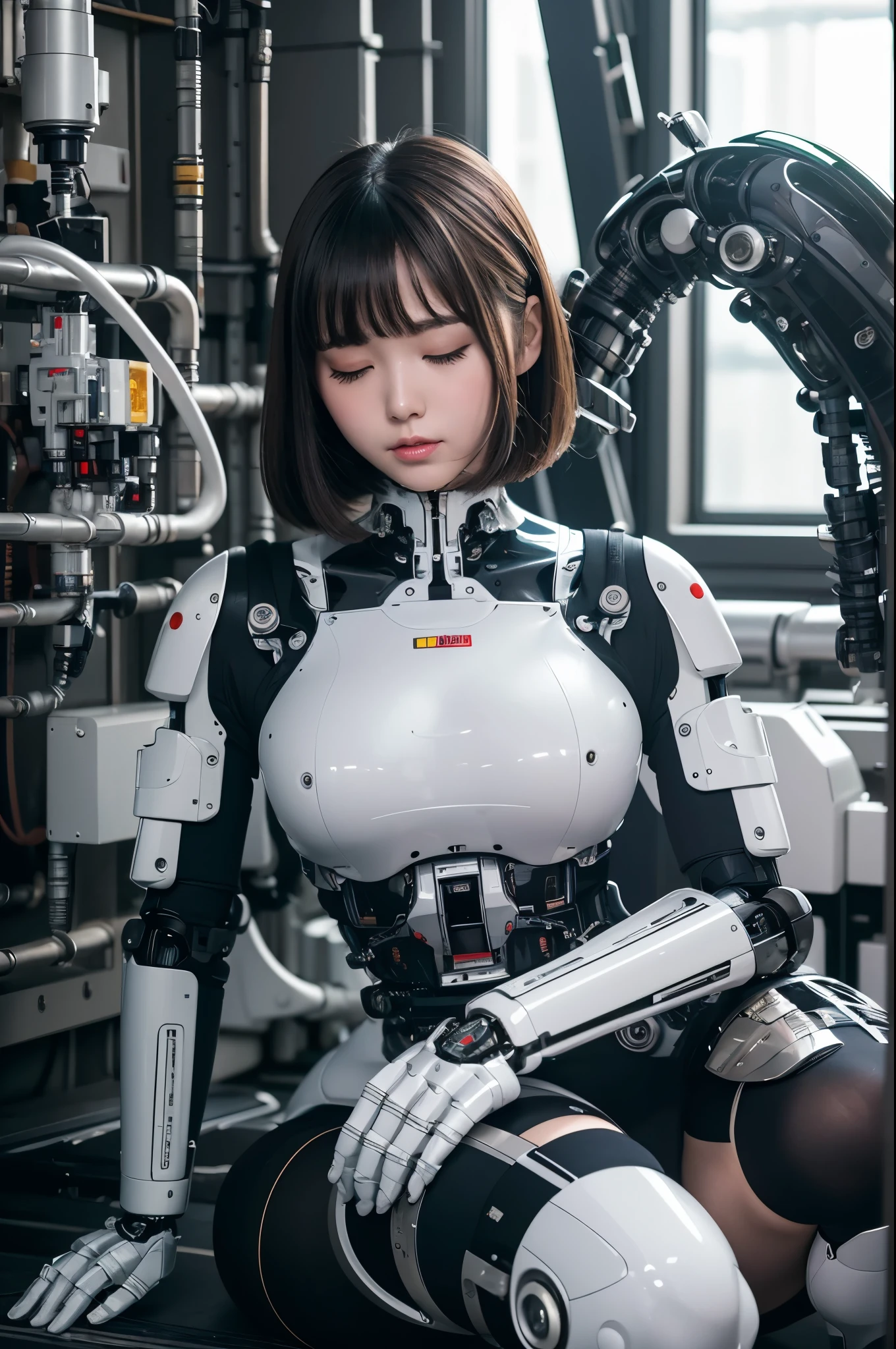 masterpiece, best quality, extremely detailed,8k portrait, Japanese android girl,Plump ,control panels,robot arms,robot,android,cyborg,white robot body,blunt bangs,robot repair plant,black knee high socks,(closing eyes:1.5)