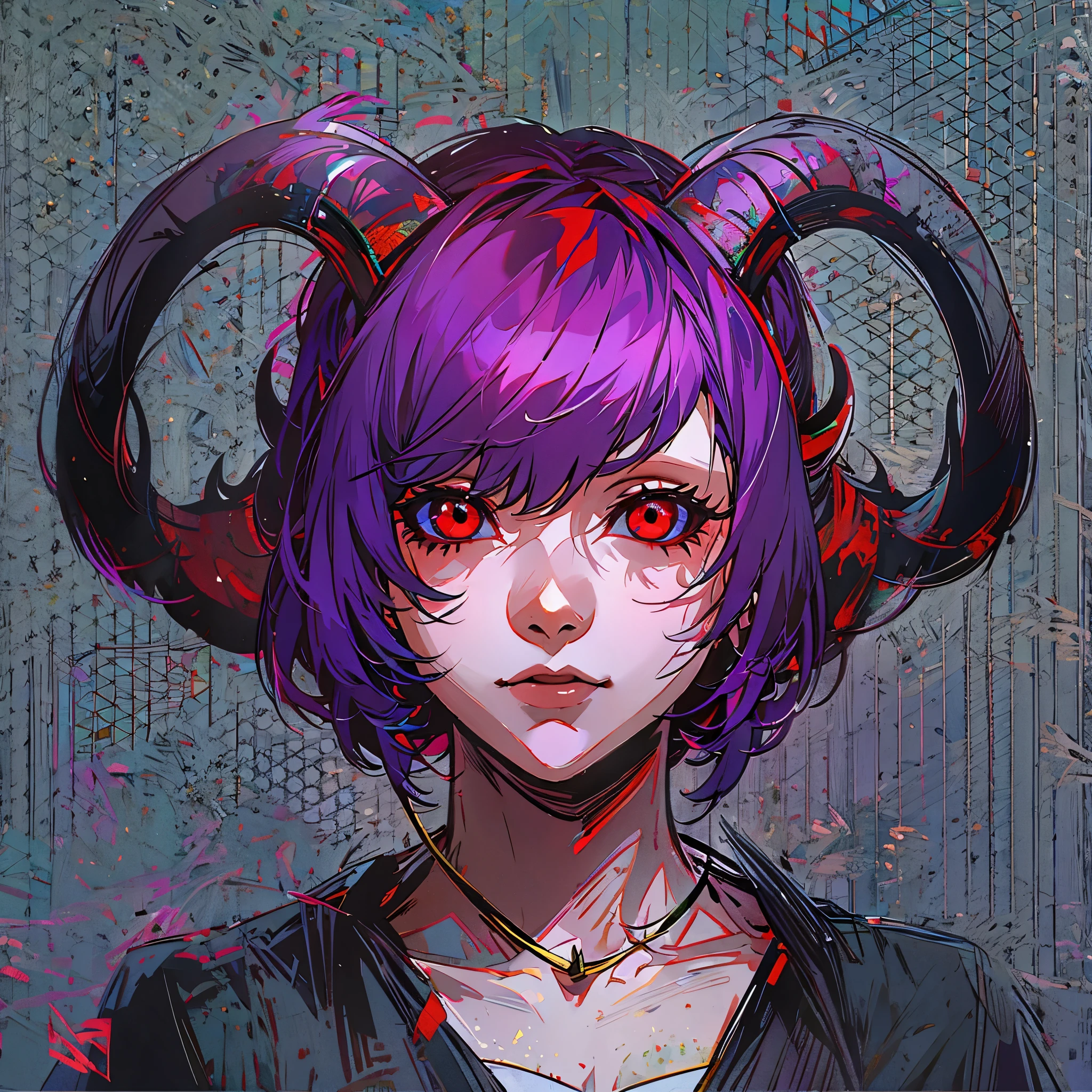 1girl, purple short hair , red eyes, horns over the head