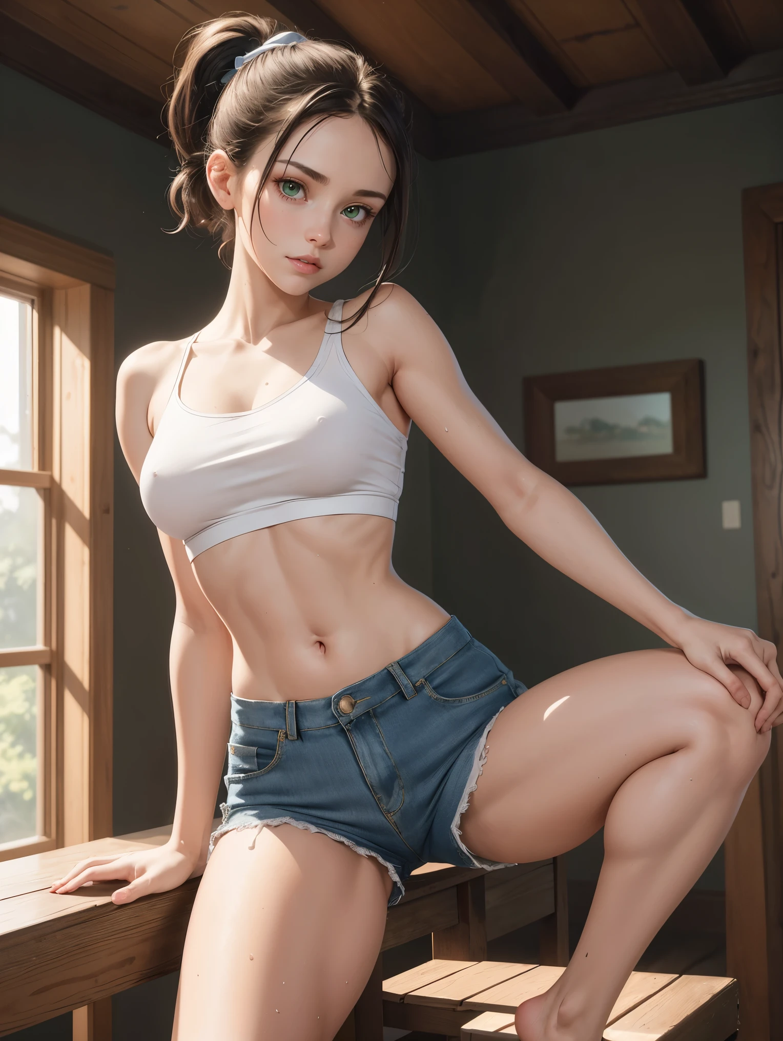 (whole body:1.5),octane rendering, 8K, best quality, masterpiece, background farmhouse, single light,  illustration, extremely delicate and beautiful, detailed,extremely detailed,CG,Unite,wallpaper,Astonishing, fine details, realistic art: 1.2 ,masterpiece, best quality, official art, extremely detailed CG Unite 8K wallpaper,1 girl,  16 years old, , wearing tiny cut off shorts and a cut off t-shirt, stretching pose,  green eyes, dark brown hair in ponytail, widows peak, pretty symetrical face, shiny wet skin, pale complexion, thin waist, narrow hips, long legs, skinny body, small breasts, Looking off to the side , Realistic photos, (hiqcgbody) ,perfect female figure, 