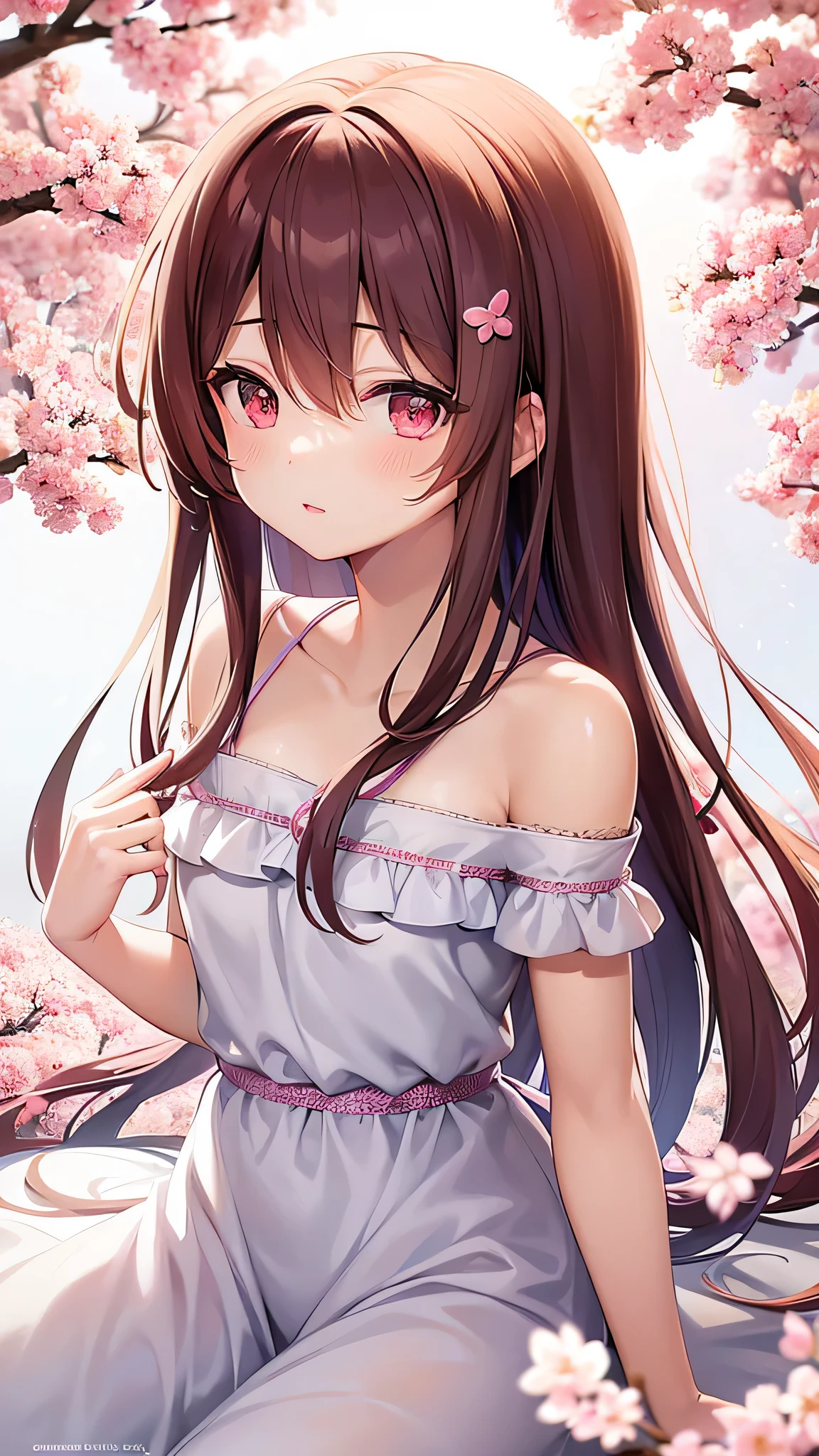anime、1 female、bottom angle、whole body、long brown hair、curly hair、red eyes、thick lips、well-groomed face、blue cardigan、white t-shirt、off shoulder、black shorts、beautiful breasts、cherry blossoms、cherry blossoms吹雪、countryside street、Paddy field、sunlight、masterpiece、ultra high resolution、delicate、16k、perfect lighting