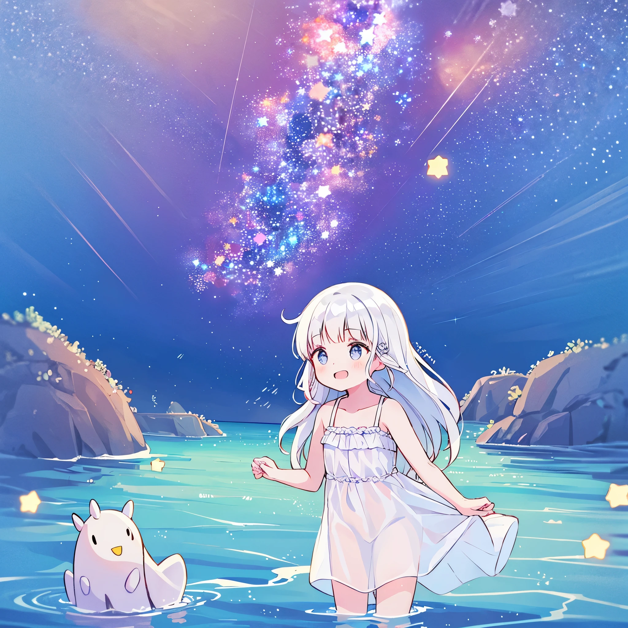 an ocean of stars, night sky, colorful, ethereal, charming girl in a white sheer babydoll dress, white hair, walking on the water, Her smile was filled with tenderness and joy, giant crescent white moon dipping into the water in the background, (((((((stars))))))