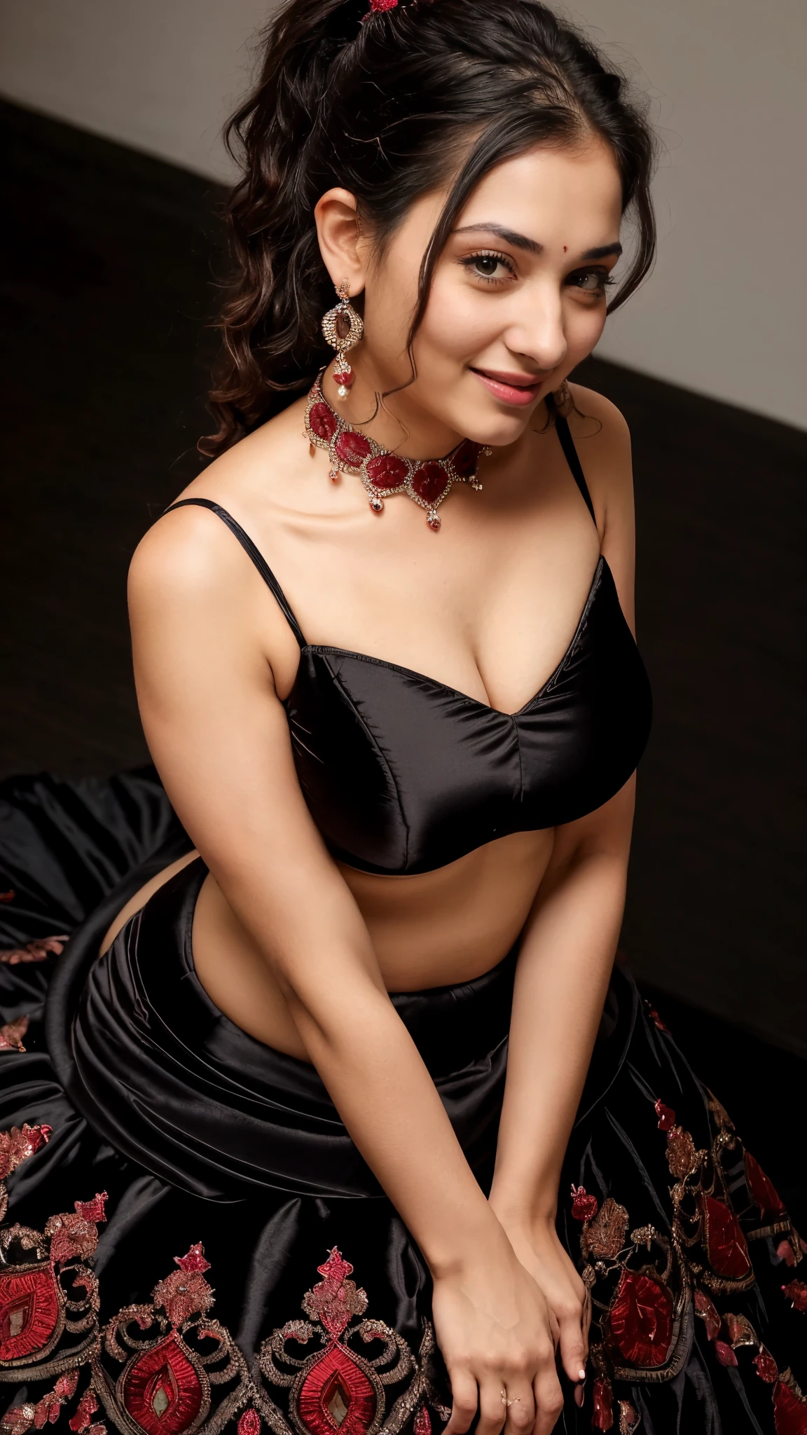 extreme closeup photo of a sexy woman, hourglass figure, big breasts, deep cleavage, seductive, looking at viewer, smile, ponytail, black red half embroidered strapless deep neck lehenga, from top view, night scene,