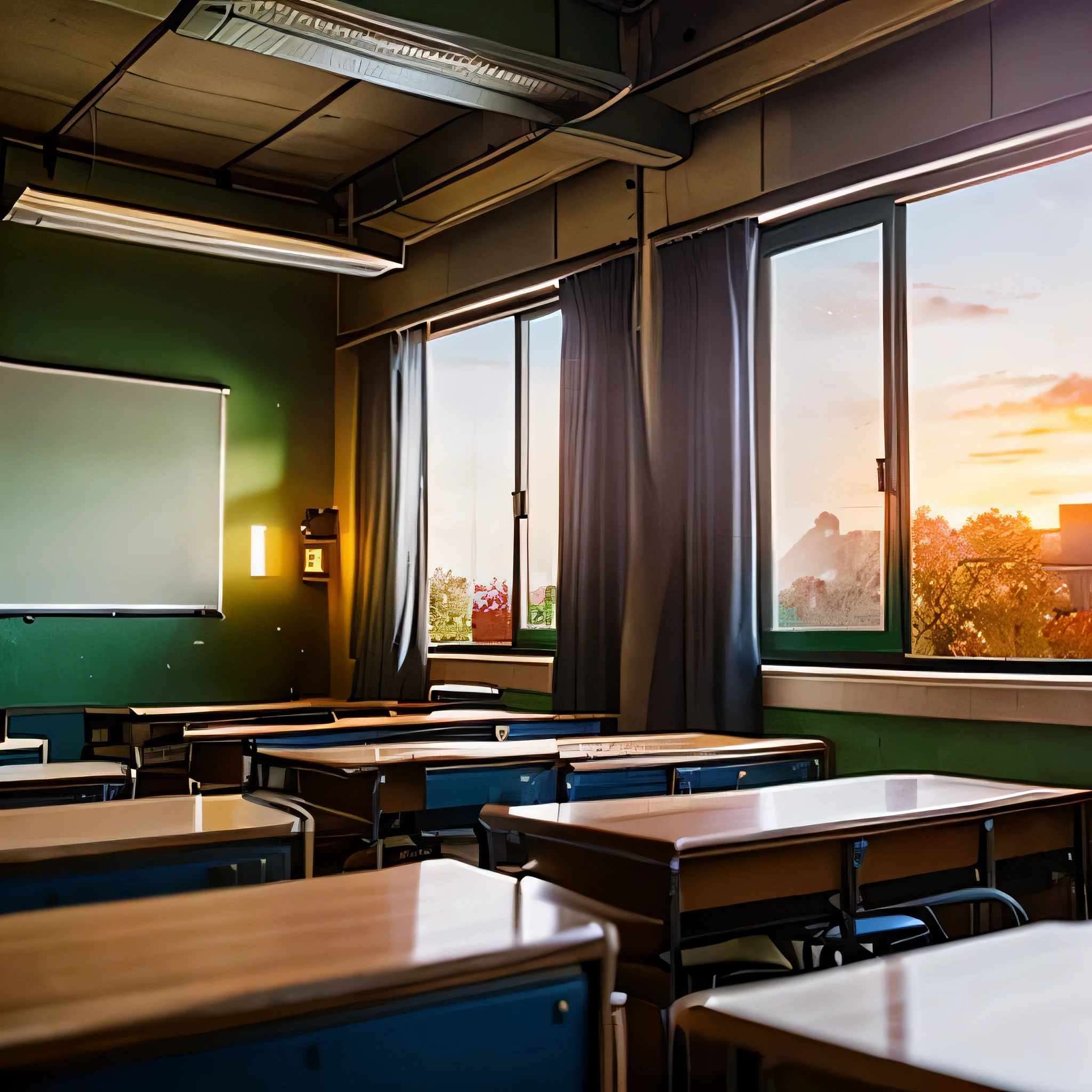 school classroom、classroom at dusk、sentimental landscape、the curtains are fluttering、The setting sun is dazzling outside、Graffiti on the blackboard at the back of the classroom、a lot of luggage in the locker、Cluttered classroom、Lots of equipment for idols