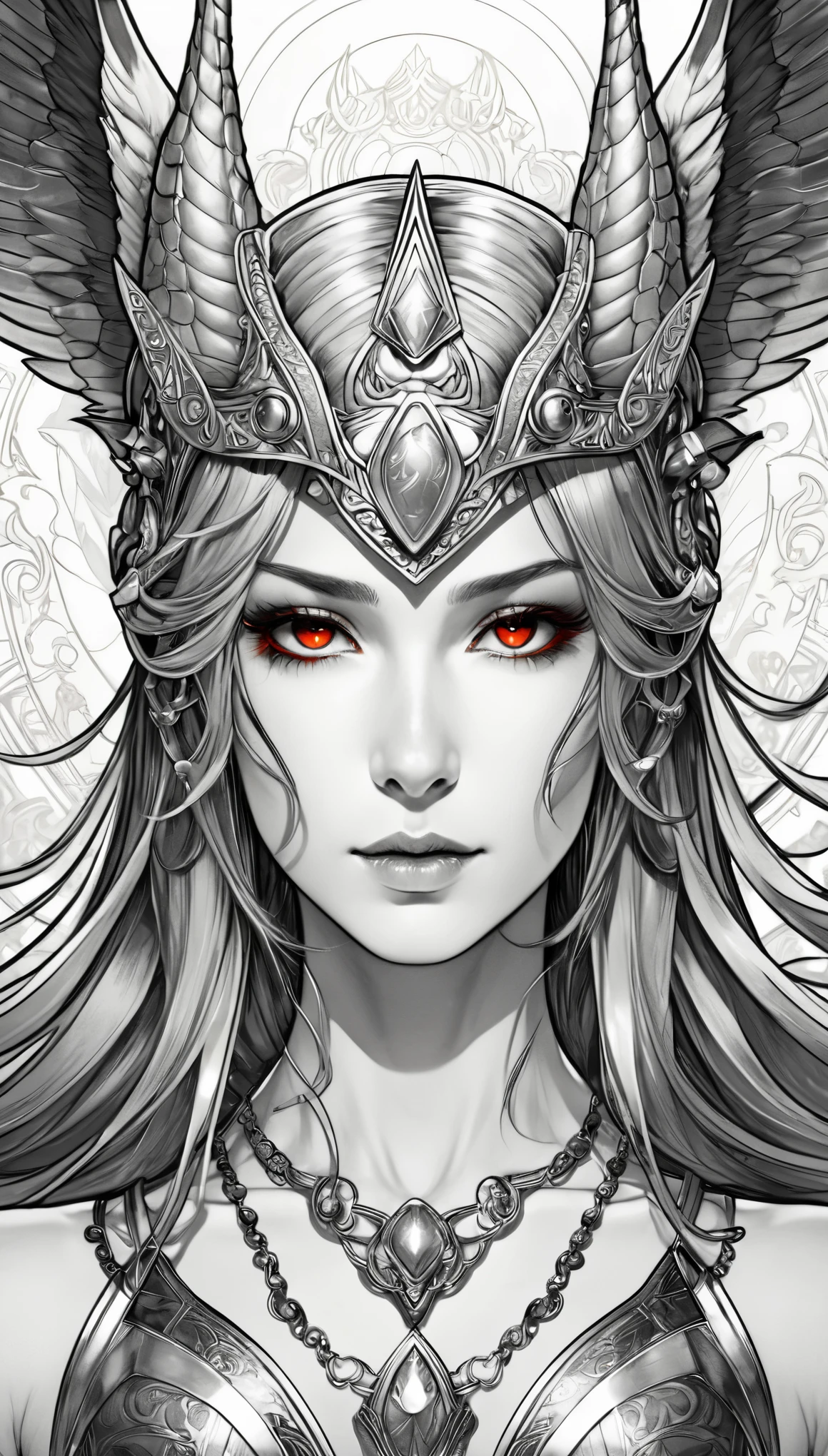 Uberfit，(pencil_sketch:1.2, messy lines, Grayscale, traditional media, sketch), raised hands，Horned golden-headed creature, Dragon Knight Avatar, Mysterious Anubis Valkyrie, Super detailed fantasy characters, dragon portrait, Sleipnir&#39;s photo, ghost of anubis, (Raise your hand and stroke your hair), (Covered in blood from head to toe), V-shaped eyebrows, red glowing eyes striped hair, Colored inner hair, cover hair, chiaroscuro, spark, wide angle, panoramic, author：Alphonse Mucha, Tonality, modern style, ultra high definition, masterpiece, precise, Super details, high detail, Award-winning, best quality, High resolution, high quality, ultra high definition, masterpiece, 8K