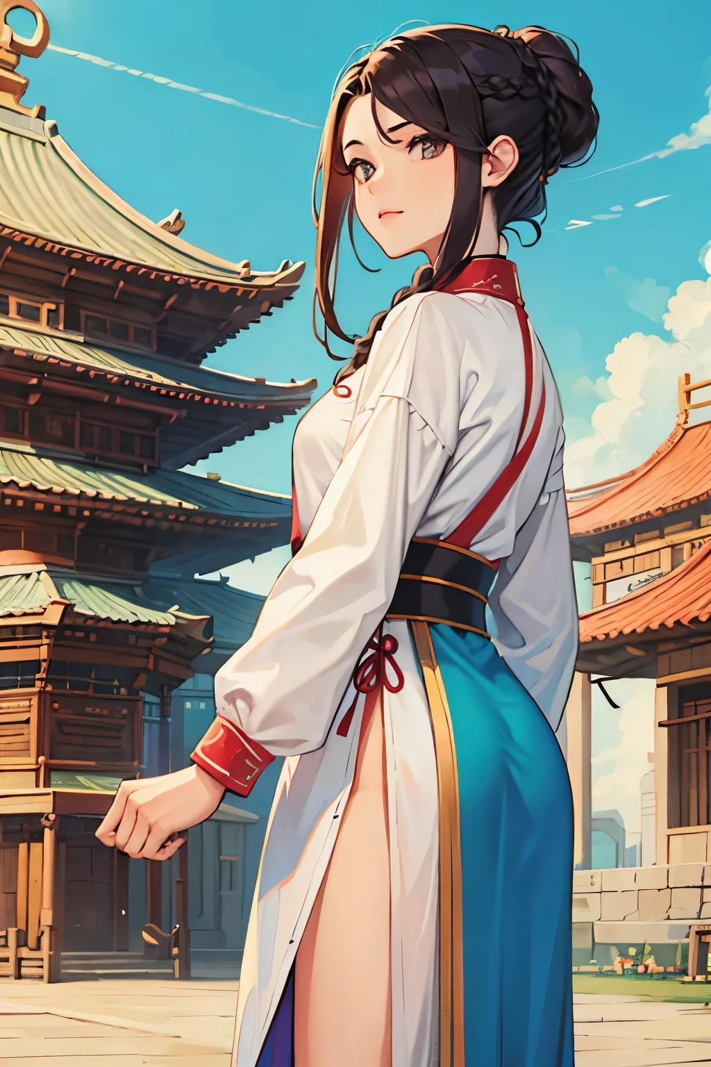((1 garota)),((building)), braided bangs,braided ponytail,(Sozinho:1.2), Careca, 16 anos,olhando para o espectador, luz solar,hanfu, Chengqiang, 