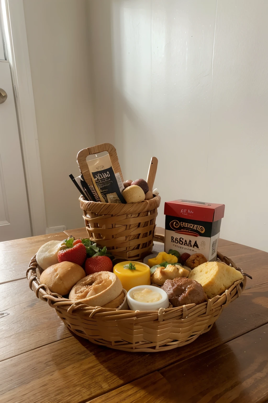 ((Melhor qualidade)), ((realista)), (detalhado), breakfast basket with various items, sem pessoas, muitos itens