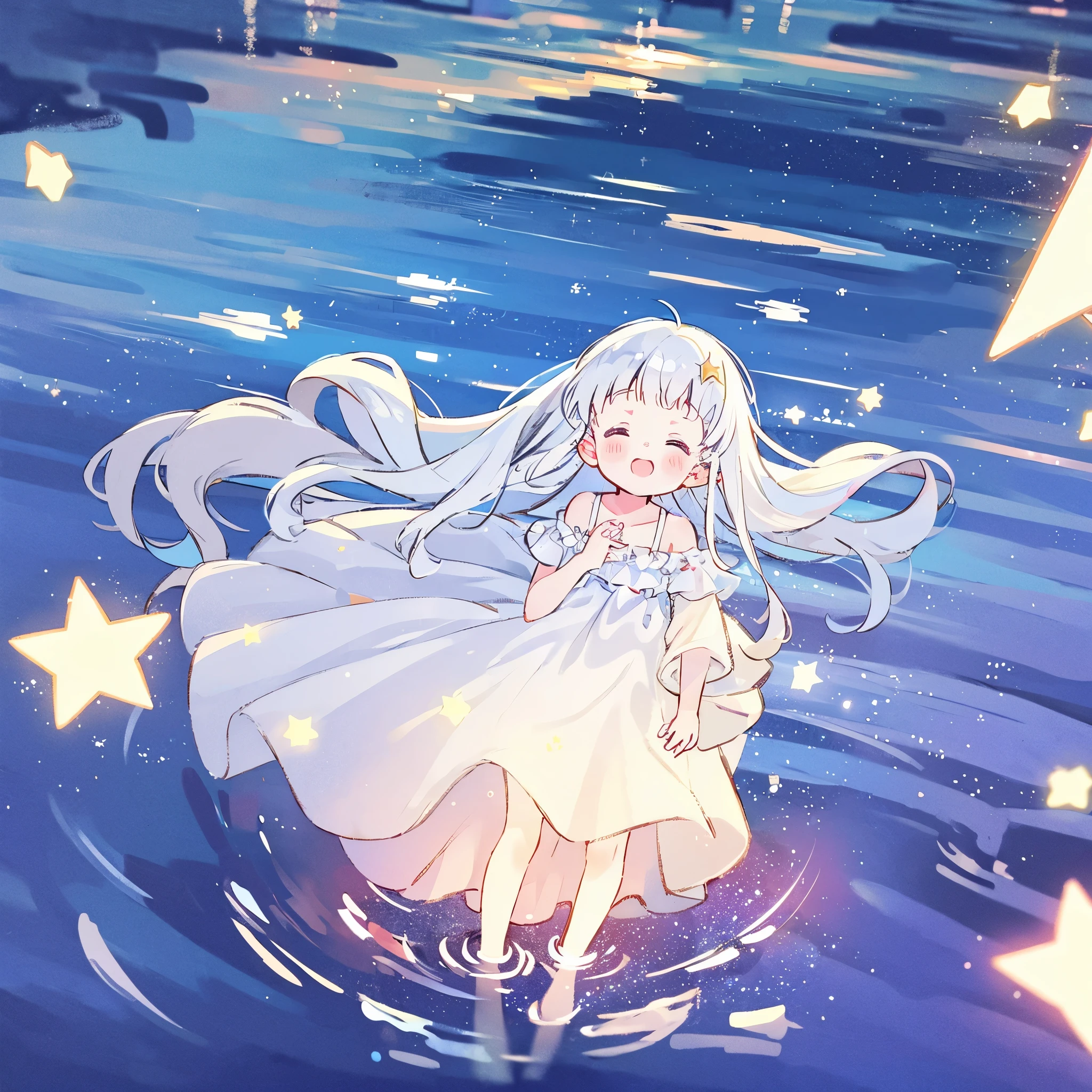 an ocean of stars, night sky, colorful, ethereal, charming girl in a white sheer babydoll dress, white hair, walking on the water, Her smile was filled with tenderness and joy, giant crescent white moon dipping into the water in the background, (((((((stars))))))
