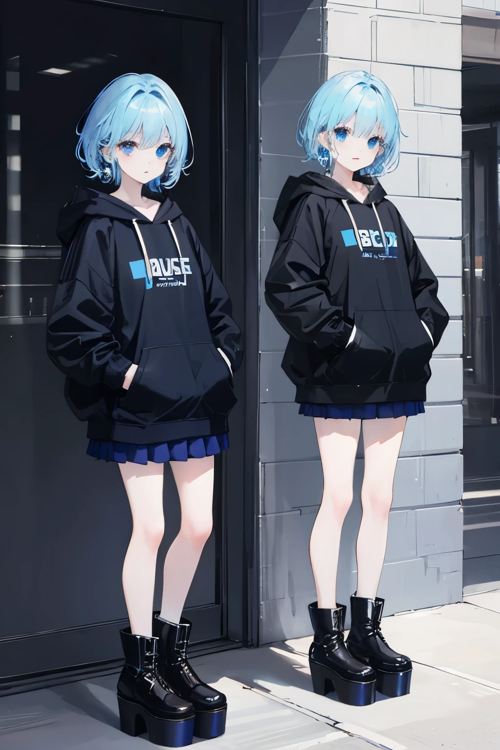 cute、Black hair with light blue tips、I put my hands in my pockets、3✕3の目、blue eyes、
earrings、black hoodie、short skirt、platform boots、