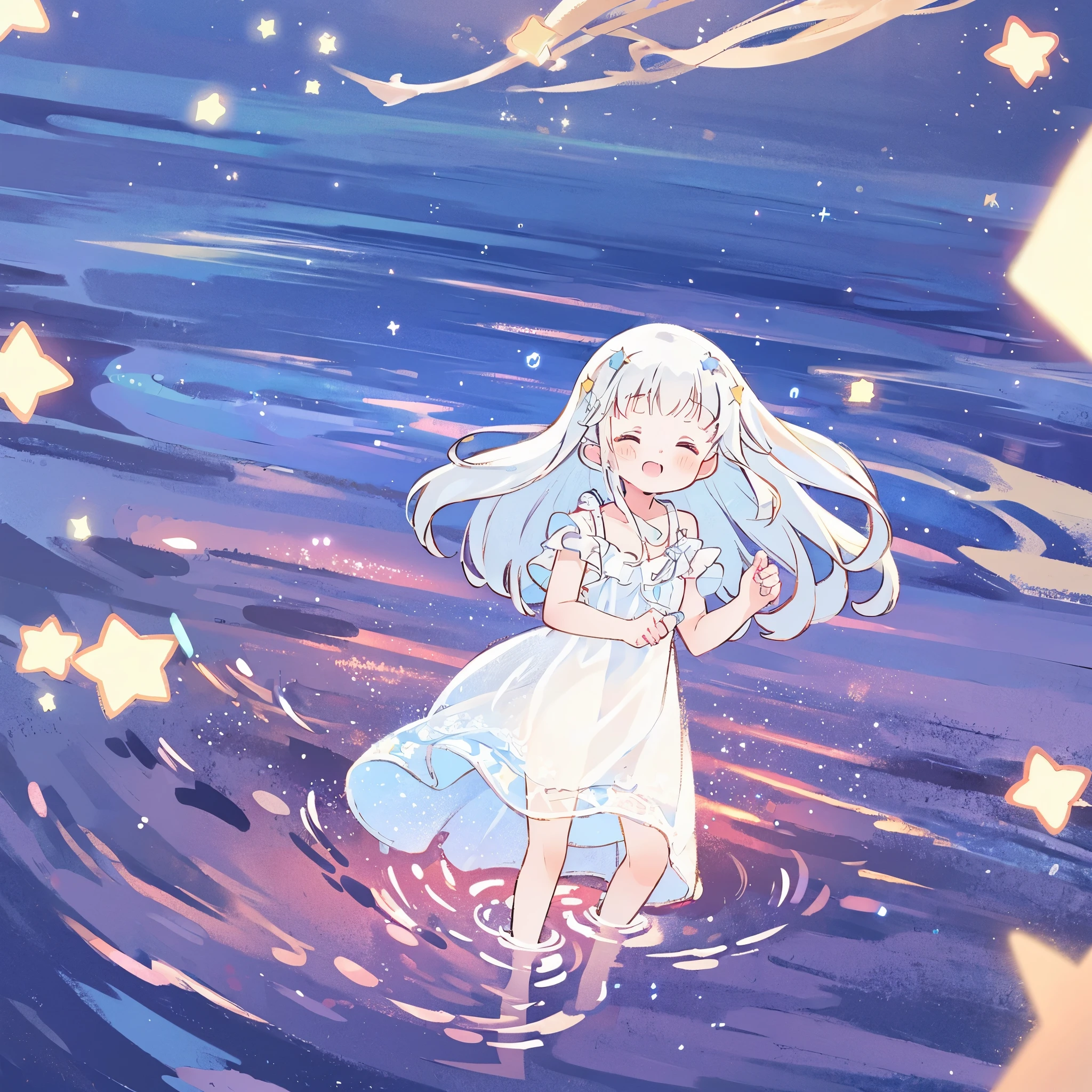 an ocean of stars, night sky, colorful, ethereal, charming girl in a white sheer babydoll dress, white hair, walking on the water, Her smile was filled with tenderness and joy, giant crescent white moon dipping into the water in the background, (((((((stars))))))