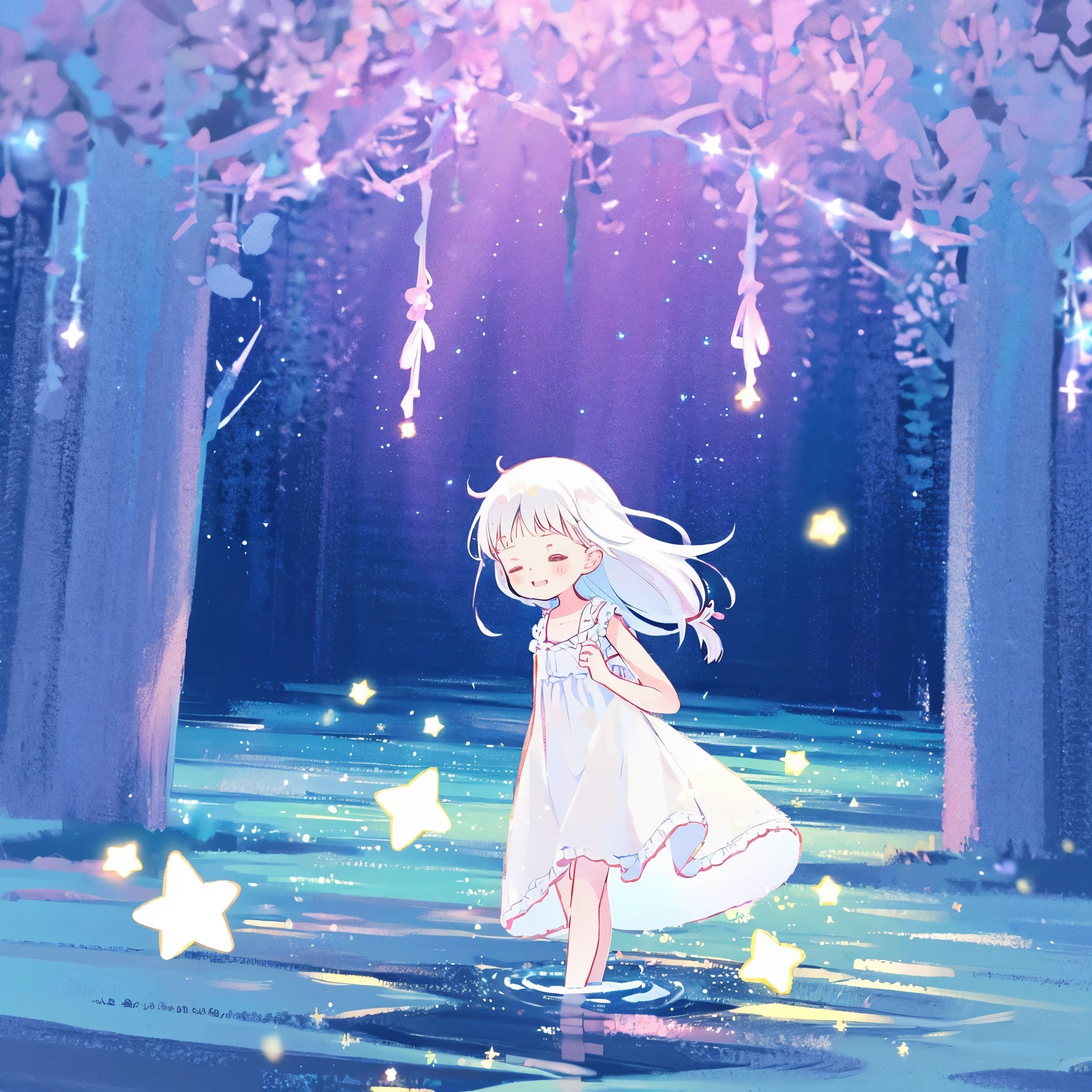 an ocean of stars, night sky, colorful, ethereal, charming girl in a white sheer babydoll dress, white hair, walking on the water, Her smile was filled with tenderness and joy, giant crescent white moon dipping into the water in the background, (((((((stars))))))