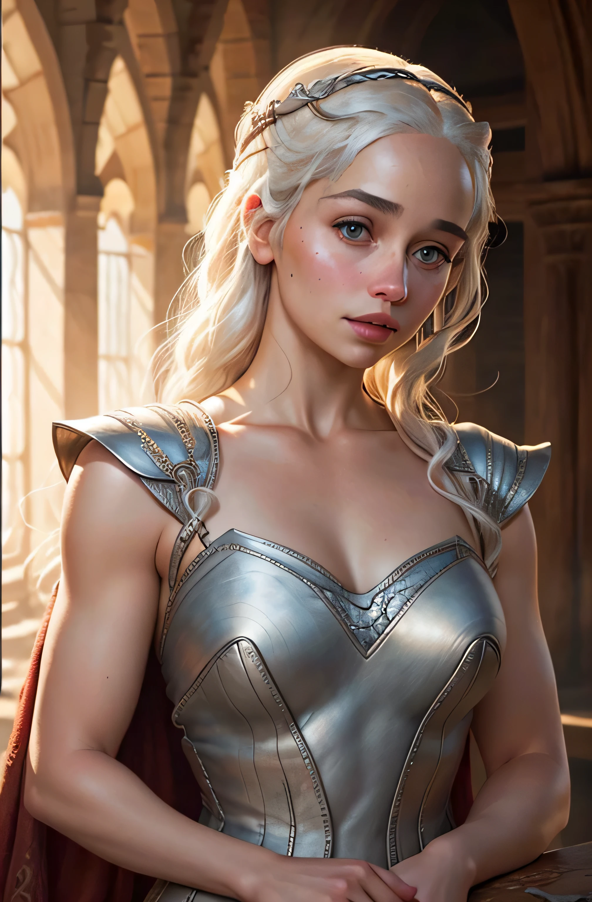 a close-up of a young woman with a dragon on her shoulder, daenerys, daenerys targaryen, a drug, Queen of Dragons, still image from Game of Thrones, Game of Thrones, Guerra dos Tronos, still from Game of Thrones, mila kunis as daenerys targaryen, Dragon Girl, dragon queen, dragon in the background, 8k