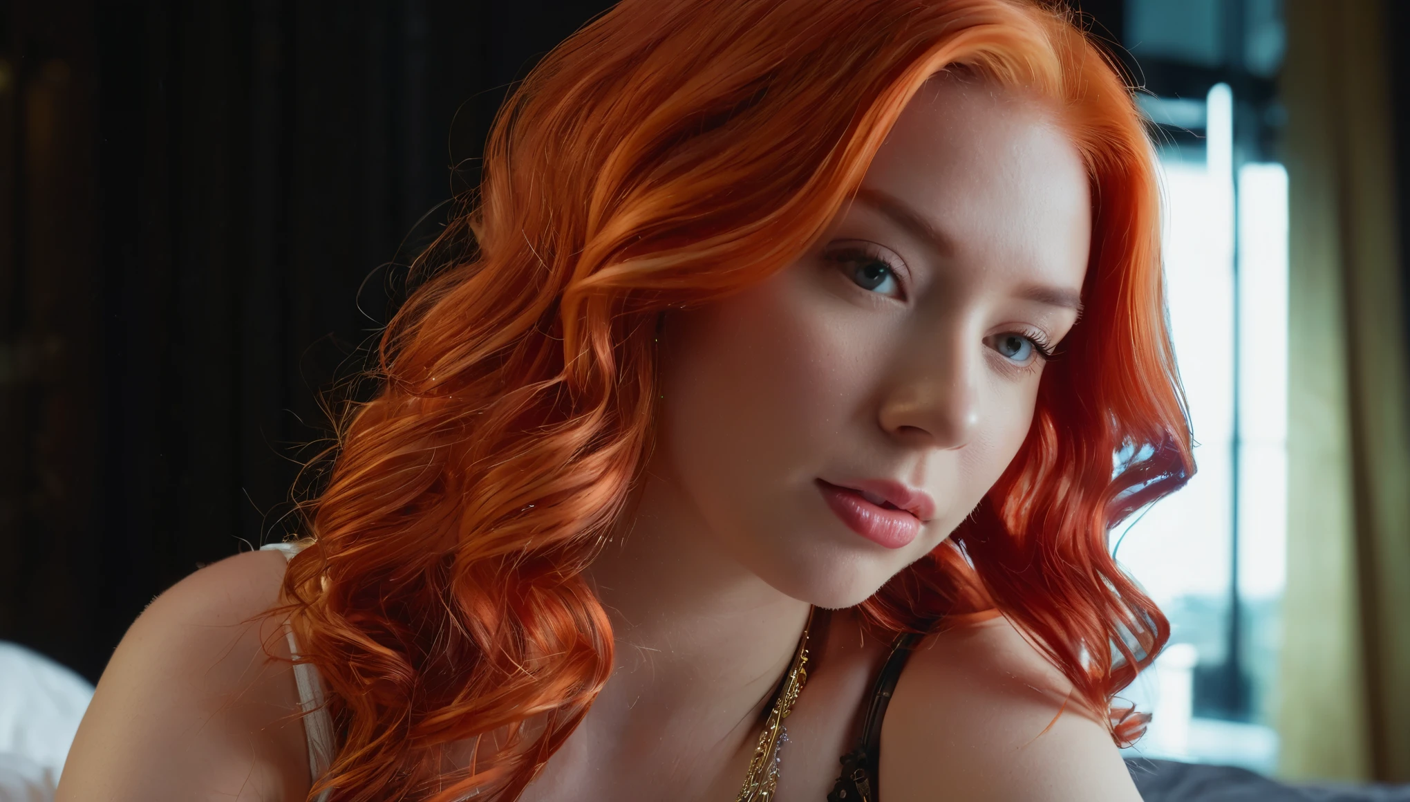 picture, best quality, a sexy 30yo beautiful JC<lora:JC:1.0>, long hair, looking at viewer, red hair, city at night background, black night dress, makeup, jewelry, pendant, realistic, 8k, hdr