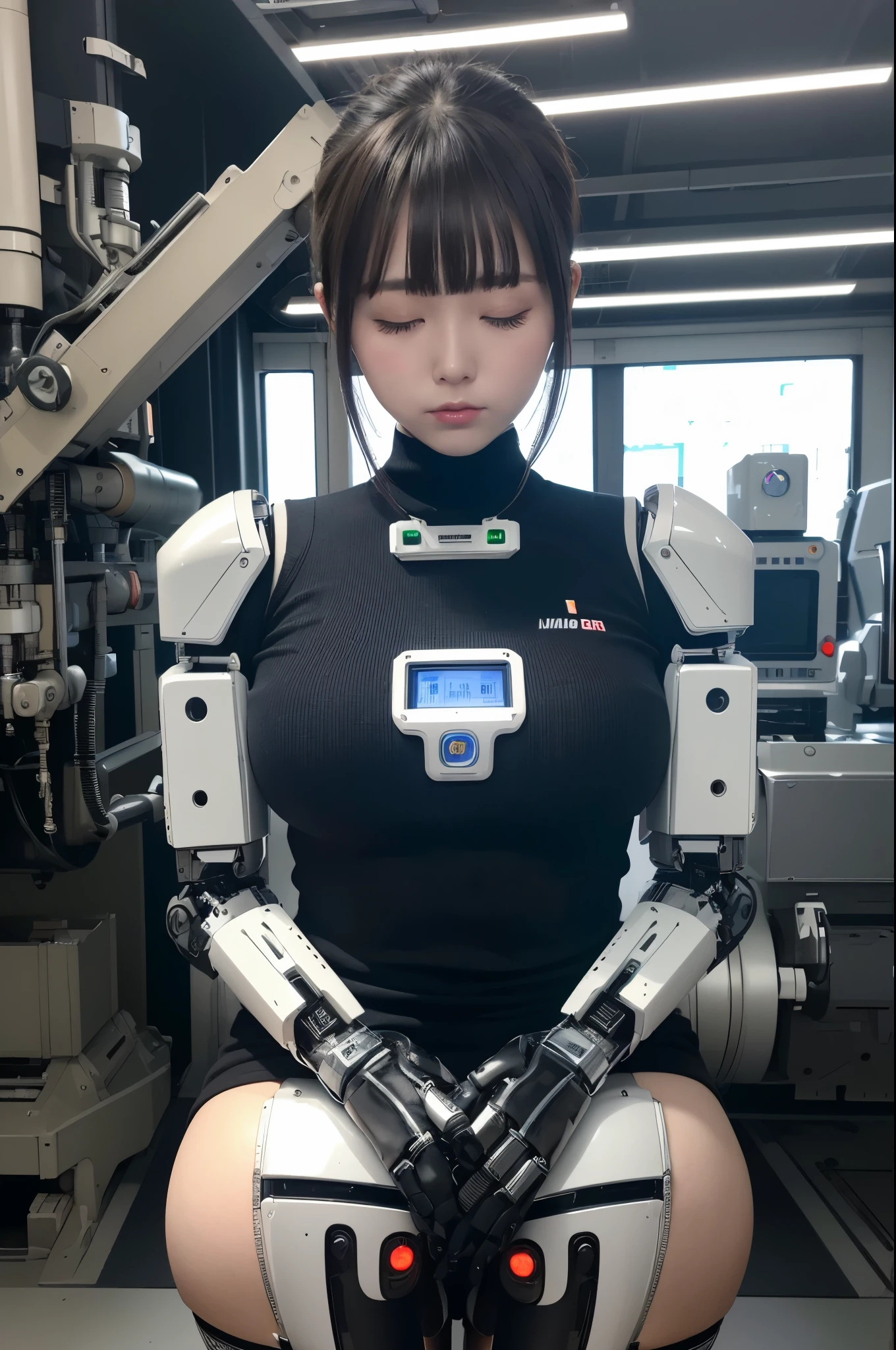 masterpiece, best quality, extremely detailed,8k portrait, Japanese android girl,Plump ,control panels,robot arms,robot,android,cyborg,white robot body,blunt bangs,robot repair plant,black knee high socks,(closing eyes:1.5)