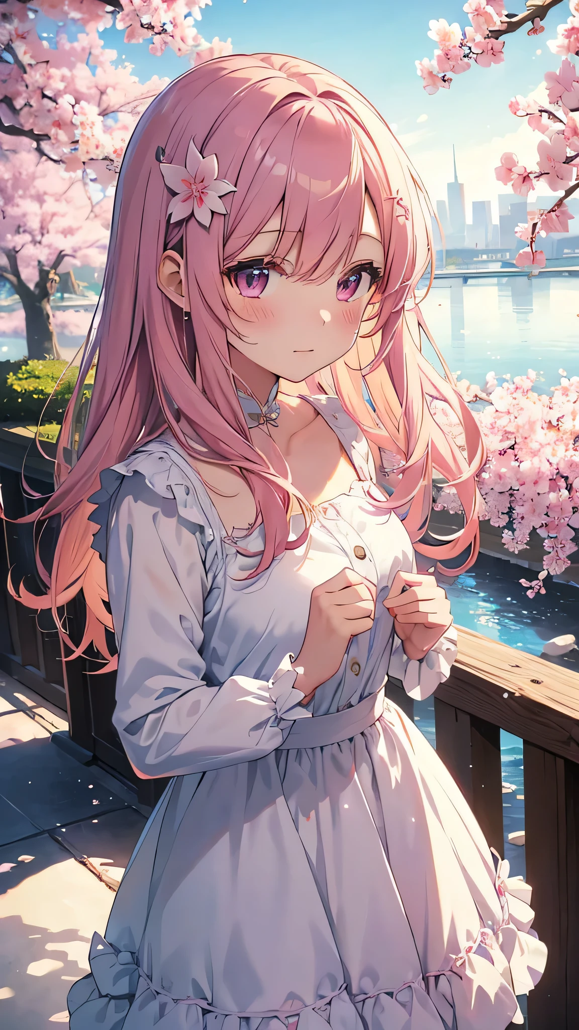 Create a spring-like wallpaper。beautiful girl anime。up。Soft light is shining in。cherry blossoms。profile。Delicate dresses。Pink flowers in the hair, anime style 4k, anime wallpaper 4k, anime wallpaper 4k, anime art wallpaper 4k, anime art wallpaper 4k, 4k anime wallpaper, anime art wallpaper 8k, beautiful anime portrait, cute anime girl portraits, extremely cute anime girl face, cute anime girl, cute anime girl portrait