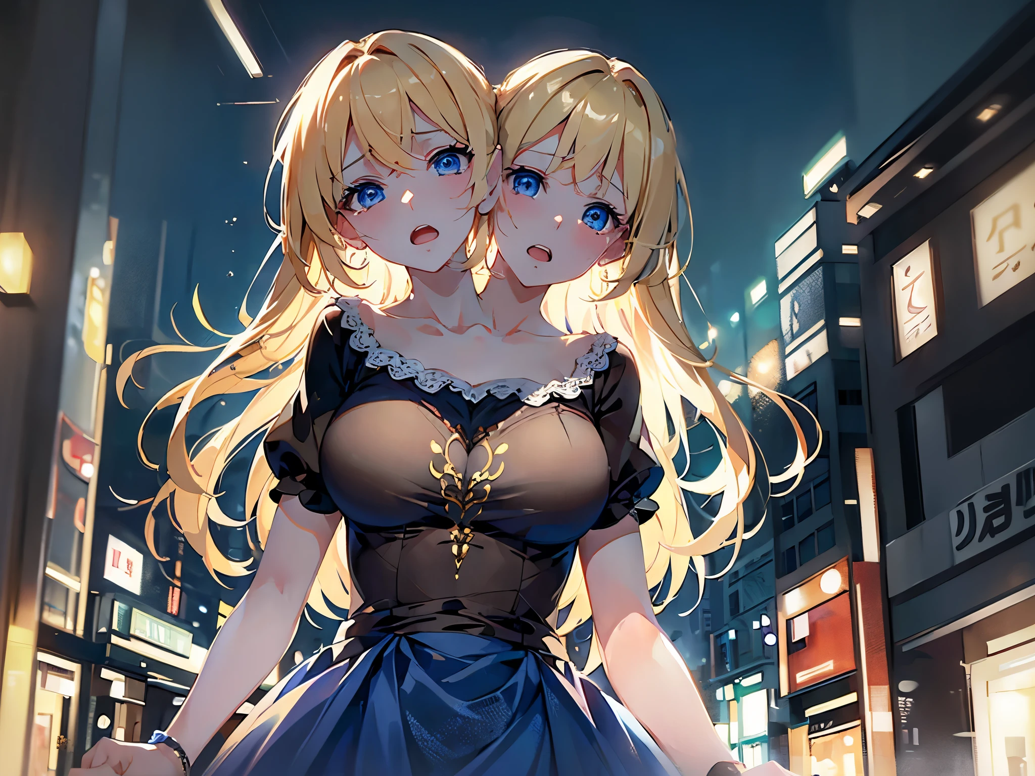(masterpiece, best quality), best resolution, shot from below, (2heads:1.5), 1girl, blond hair, blue eyes, looking down at the viewer, tears in eyes, open mouth, frantic, panicky, worried, brown t-shirt, clear sky above, outdoors