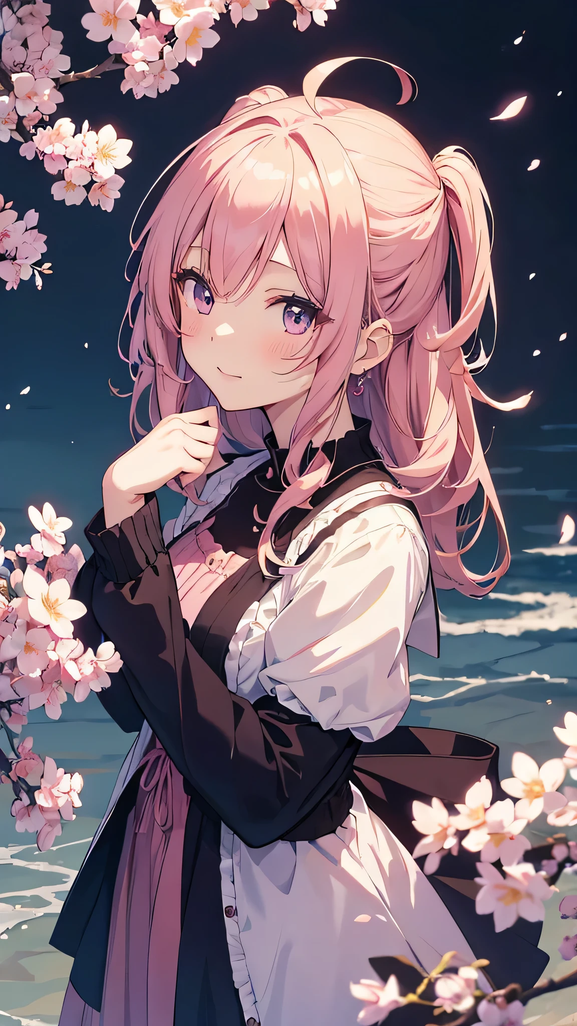 Create a spring-like wallpaper。beautiful girl anime。up。Soft light is shining in。cherry blossoms。profile。Delicate dresses。Pink flowers in the hair, anime style 4k, anime wallpaper 4k, anime wallpaper 4k, anime art wallpaper 4k, anime art wallpaper 4k, 4k anime wallpaper, anime art wallpaper 8k, beautiful anime portrait, cute anime girl portraits, extremely cute anime girl face, cute anime girl, cute anime girl portrait