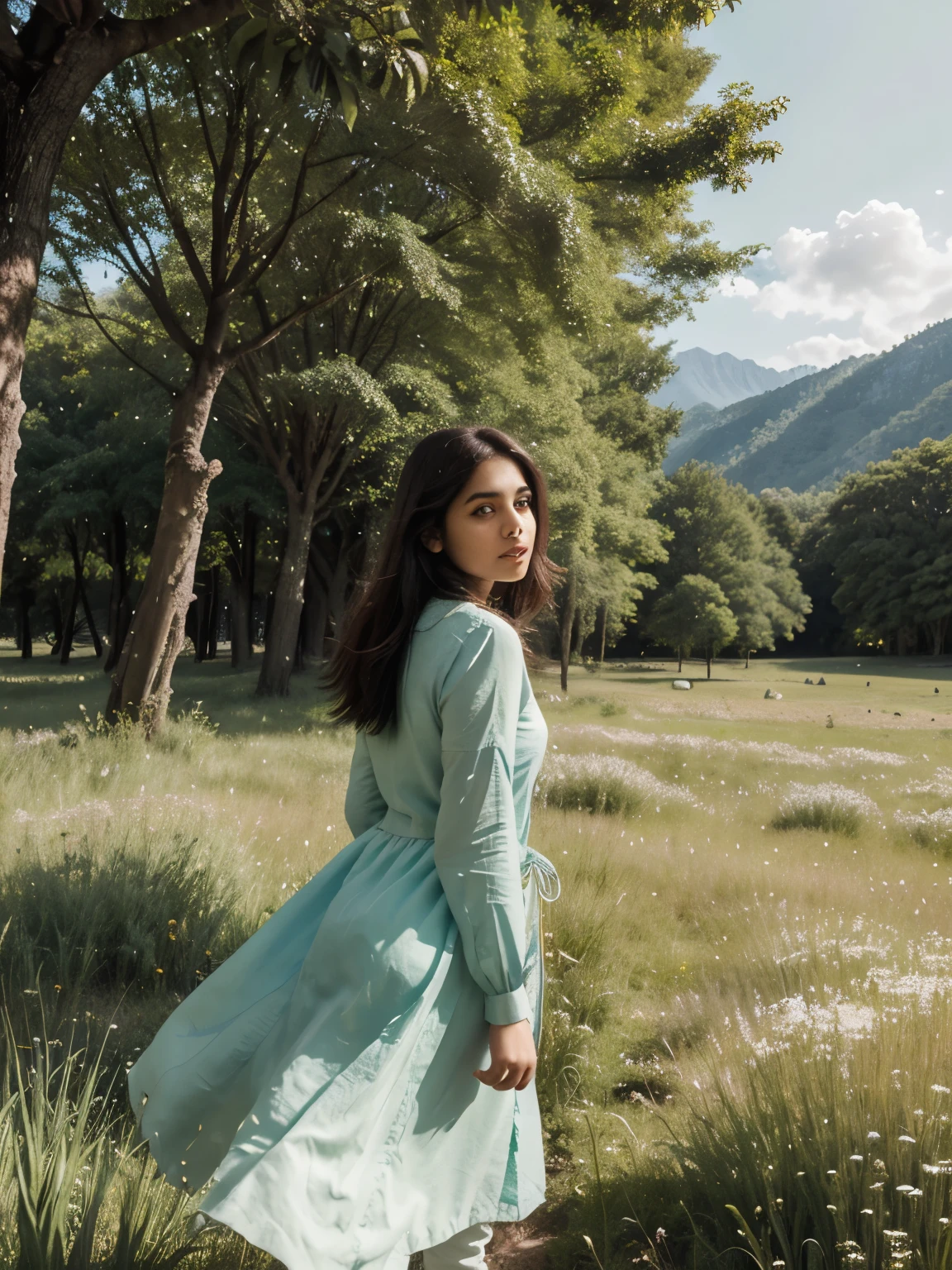 In a green meadow stands a Pakistani  girl leading a group of knights.
BREAK
With a brave expression, she guides them towards their destination.
BREAK
Behind her, a green forest stretches out and beyond that, mountains rise in the distance.
BREAK
The most suitable effect for this scene would be a watercolor painting technique to capture the softness of the meadow and the fluidity of the movement.