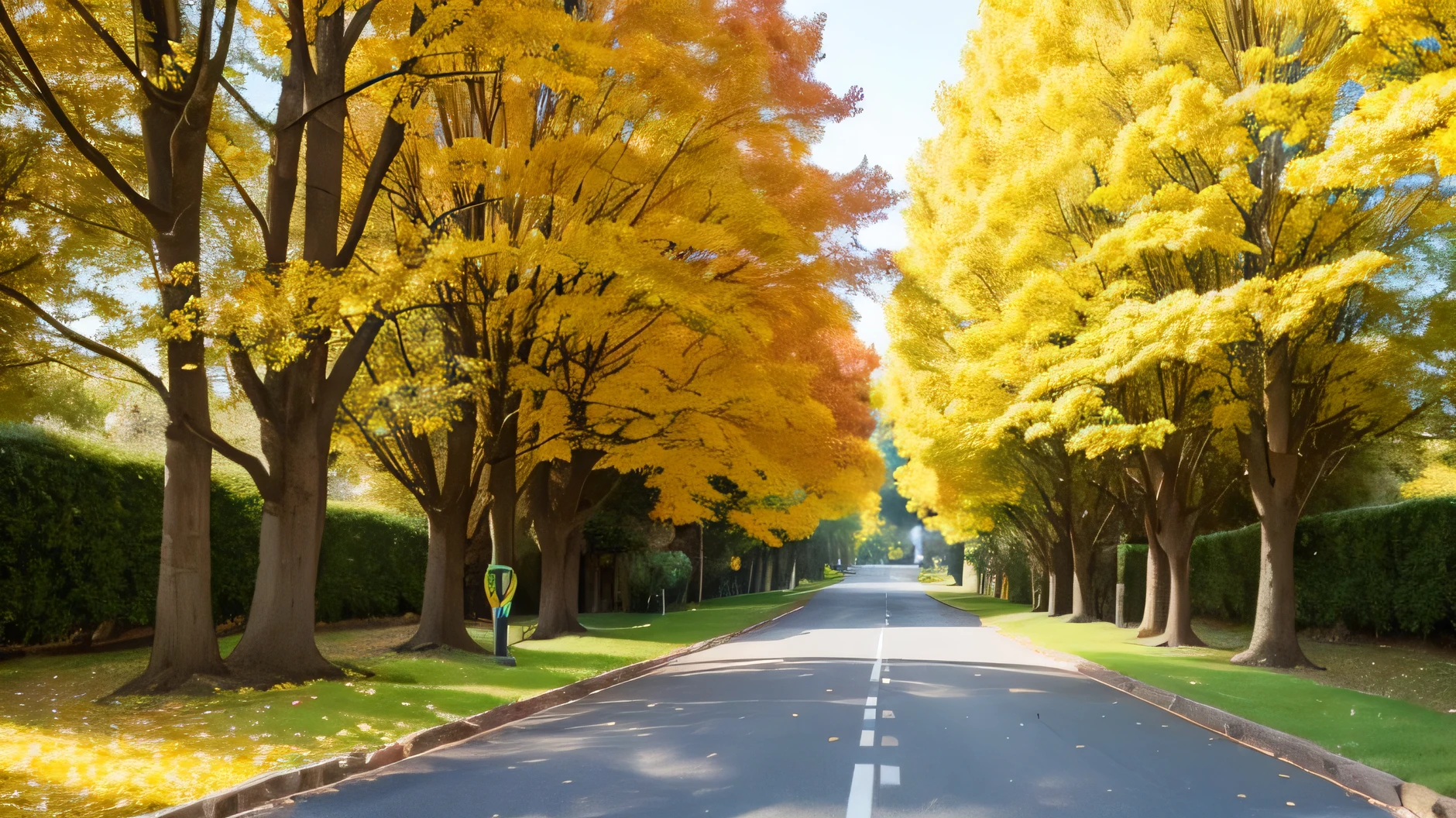 Both sides of the road, Ginkgo trees lining the street, However, in Howevern, There is no house building,golden forest, golden Howevern, October, vivid), beautiful high resolution, Howevern season, mega, Howevern, golden leaves, outstanding, during Howevern, in the Howevern, blinds, The photo shows a large,Don't be green