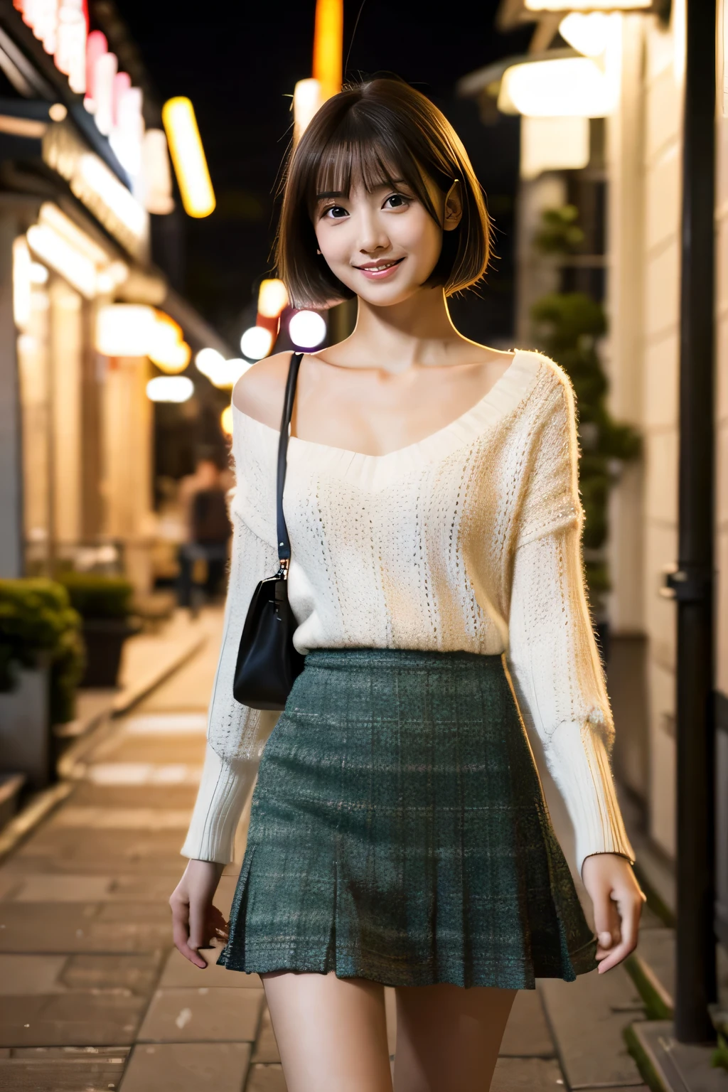 masterpiece, highest quality, Photoreal, Super detailed, finely, High resolution, 8k wallpaper, Professional, Advanced level of detail, College student in his 20s walking through a building street at night, Slender Japan woman, detailed clavicle, Medium chest、perfect face, mini skirt、white sweater、gentle smile、full body shot